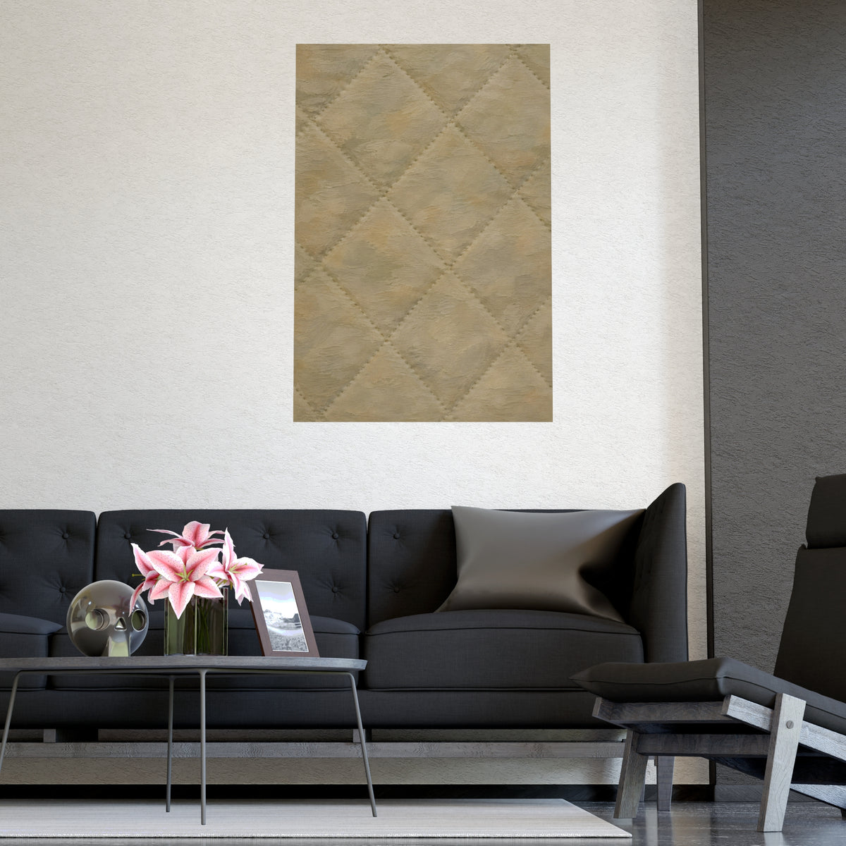 Quilted, in Relief — quilted, in relief, shown framed on a wall