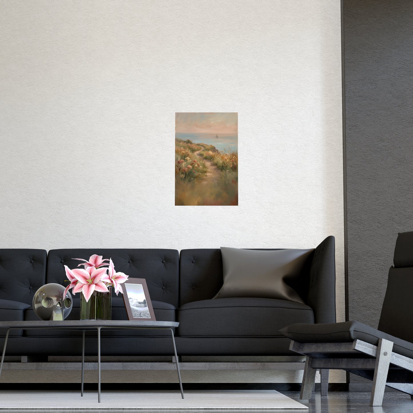 Coast Path on a living room wall beside a tall vase, 16x24 in print