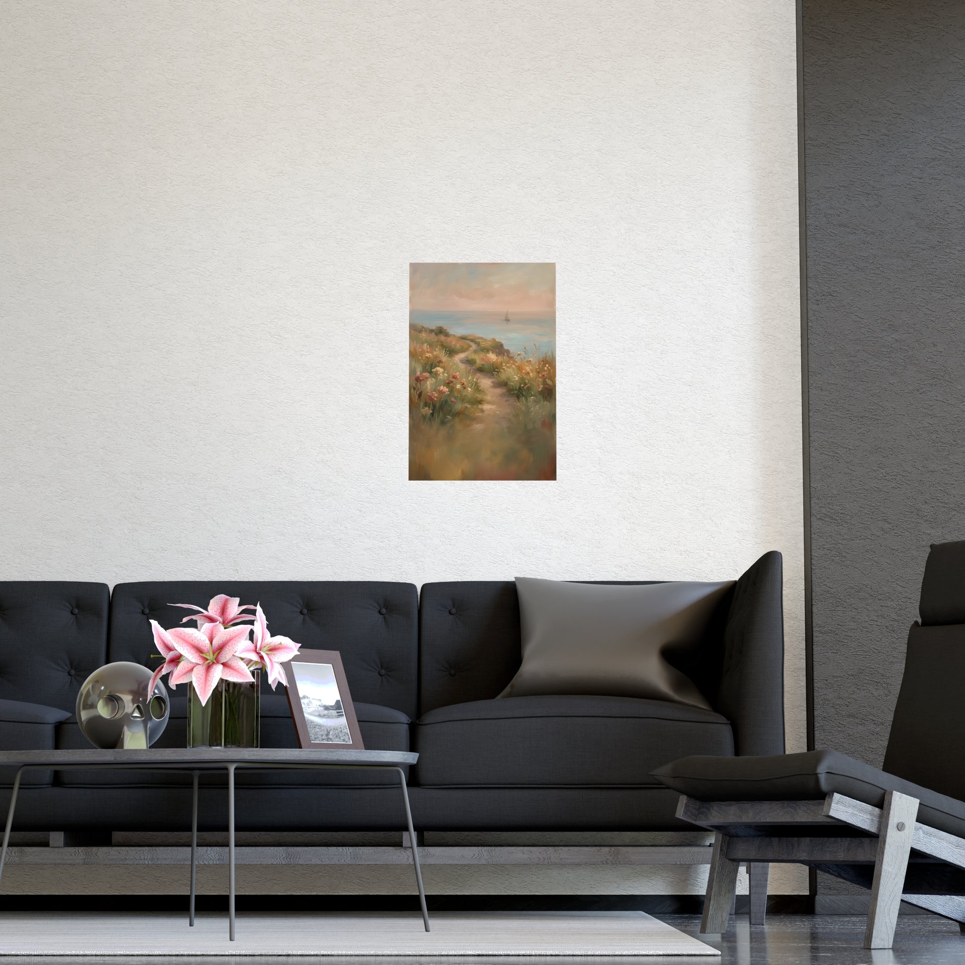 Coast Path on a living room wall beside a tall vase, 16x24 in print
