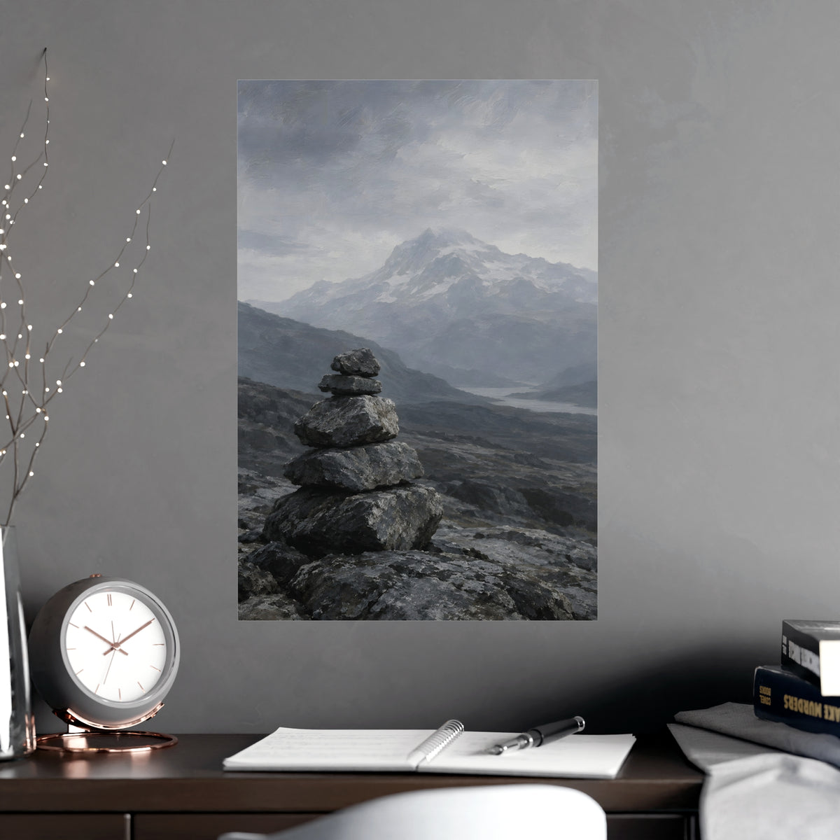 Cairn and Mountain — cairn and mountain, shown framed on a wall