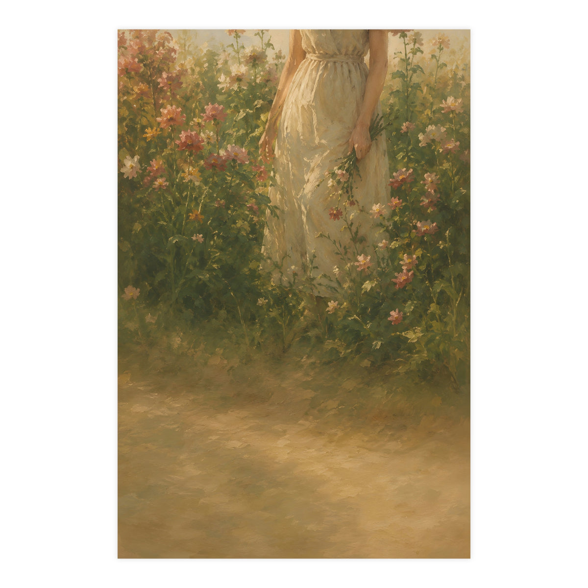 In the Tall Flowers — a woman in a linen dress standing among tall summer flowers, the top of the frame cutting her off at th