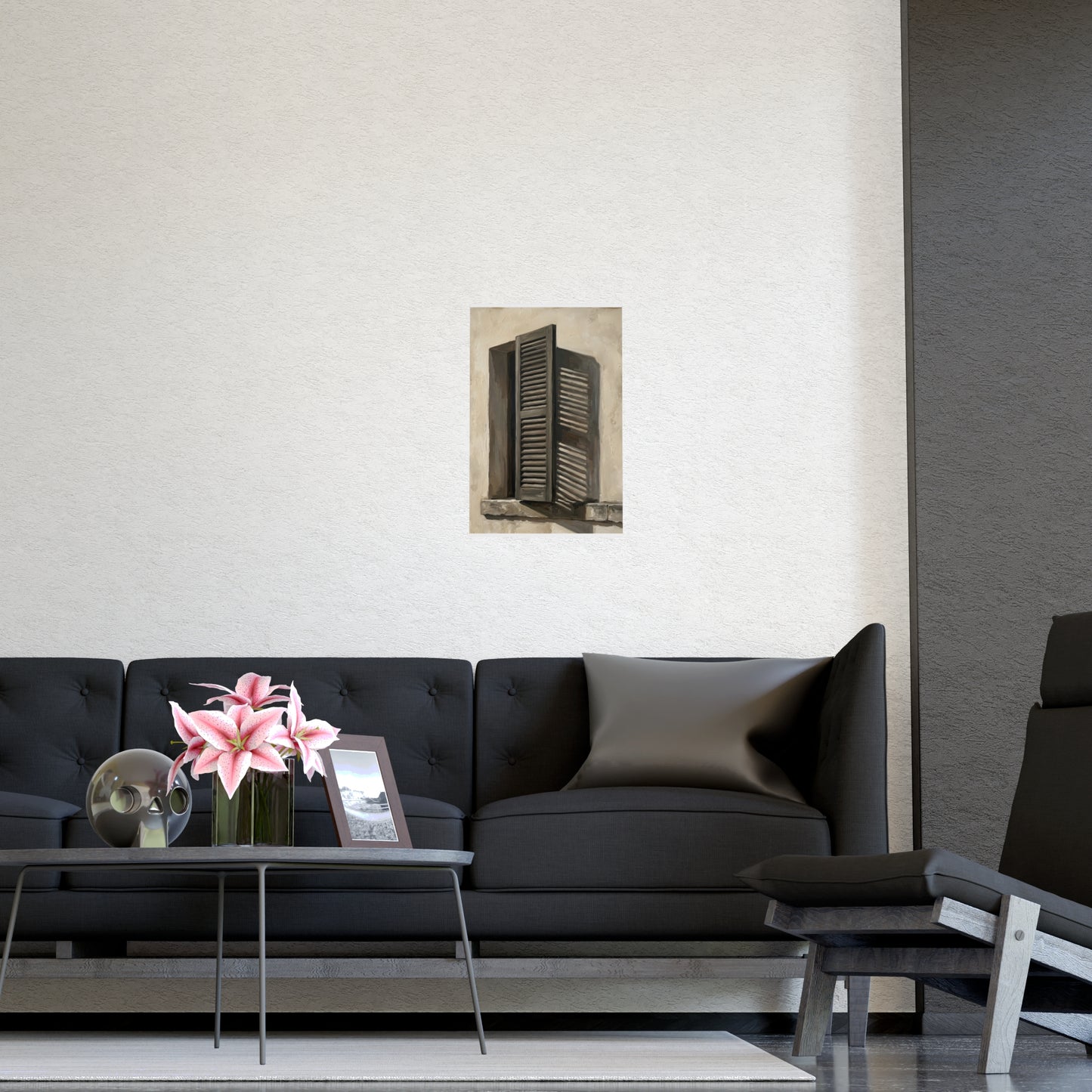 Shutters, Half Closed on a living room wall beside a tall vase, 12x16 in print