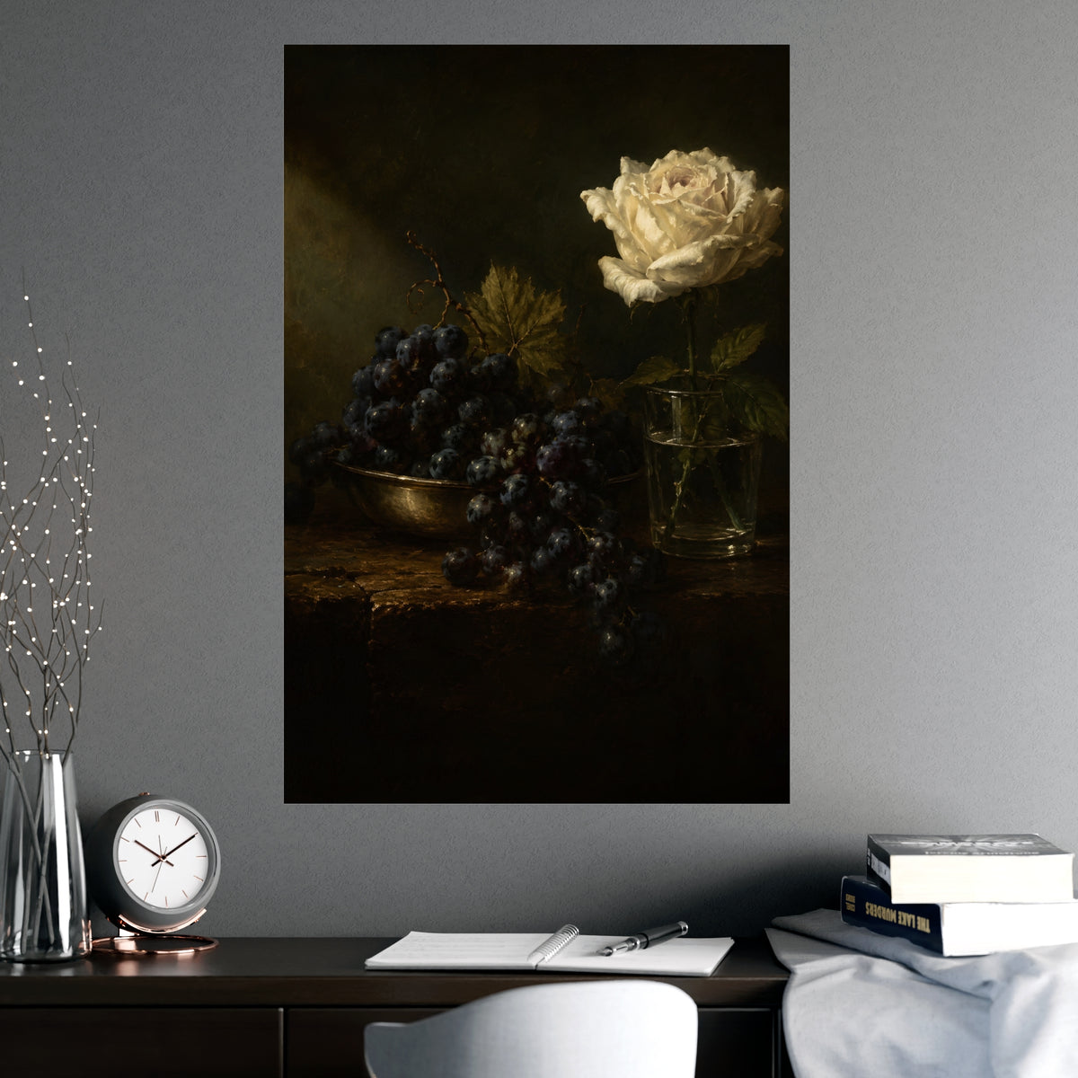Grapes and a White Rose — grapes and a white rose, shown framed on a wall