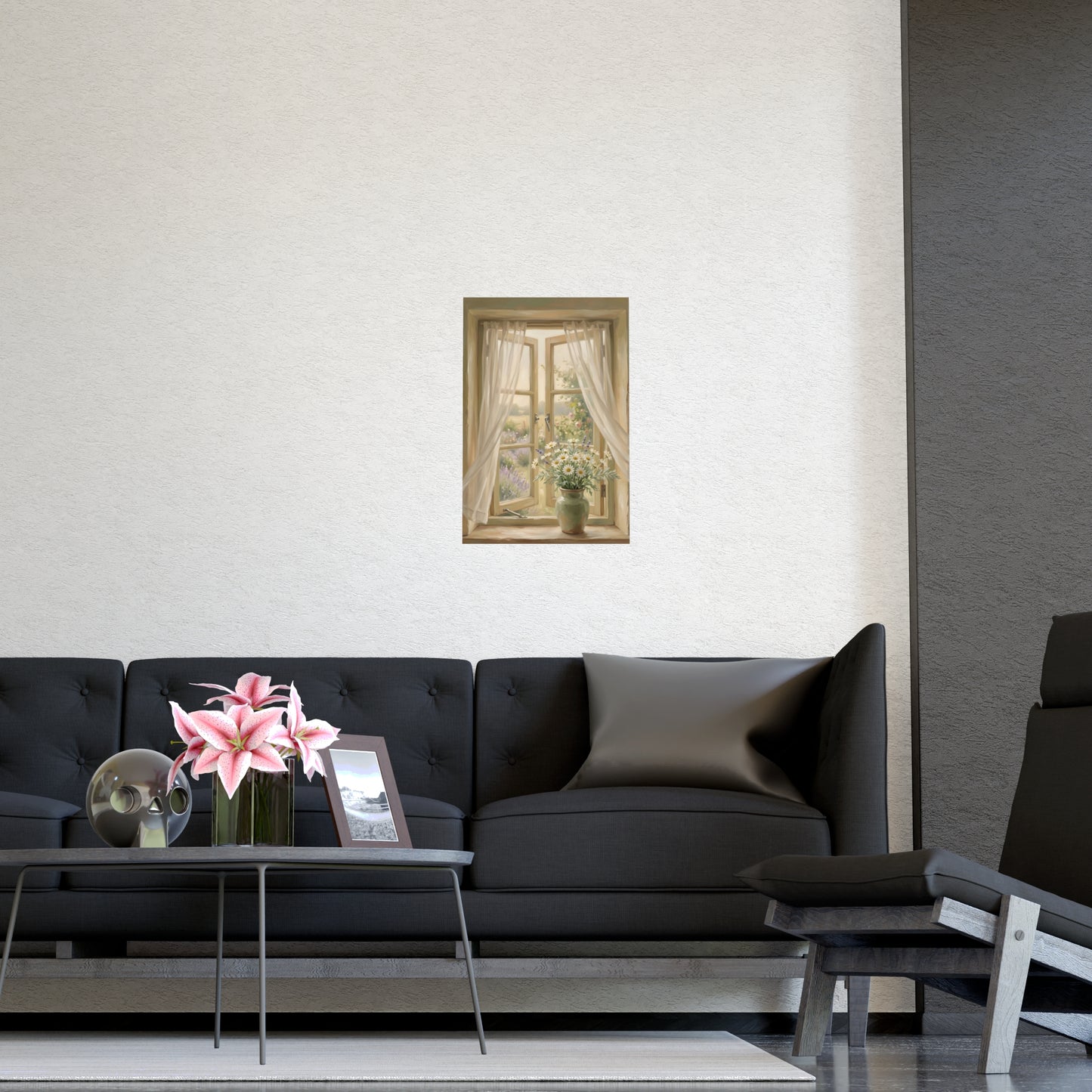Gemini 04 hung above a sofa with a side table and lilies, 16x24 in print