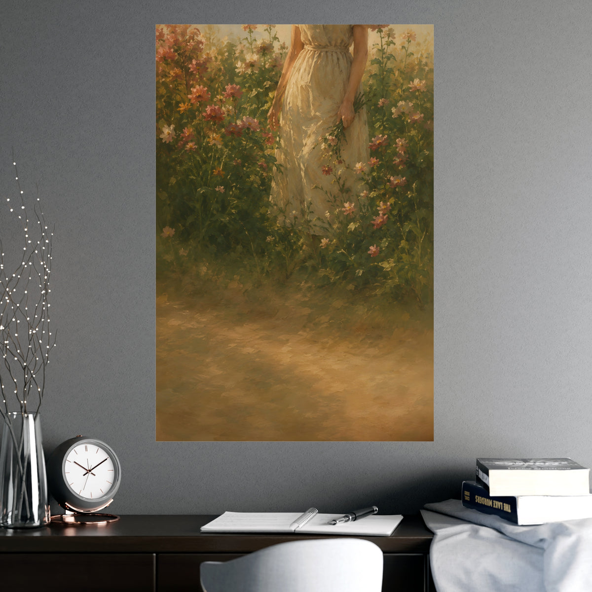In the Tall Flowers — a woman in a linen dress standing among tall summer flowers, the top of the frame cutting her off at th