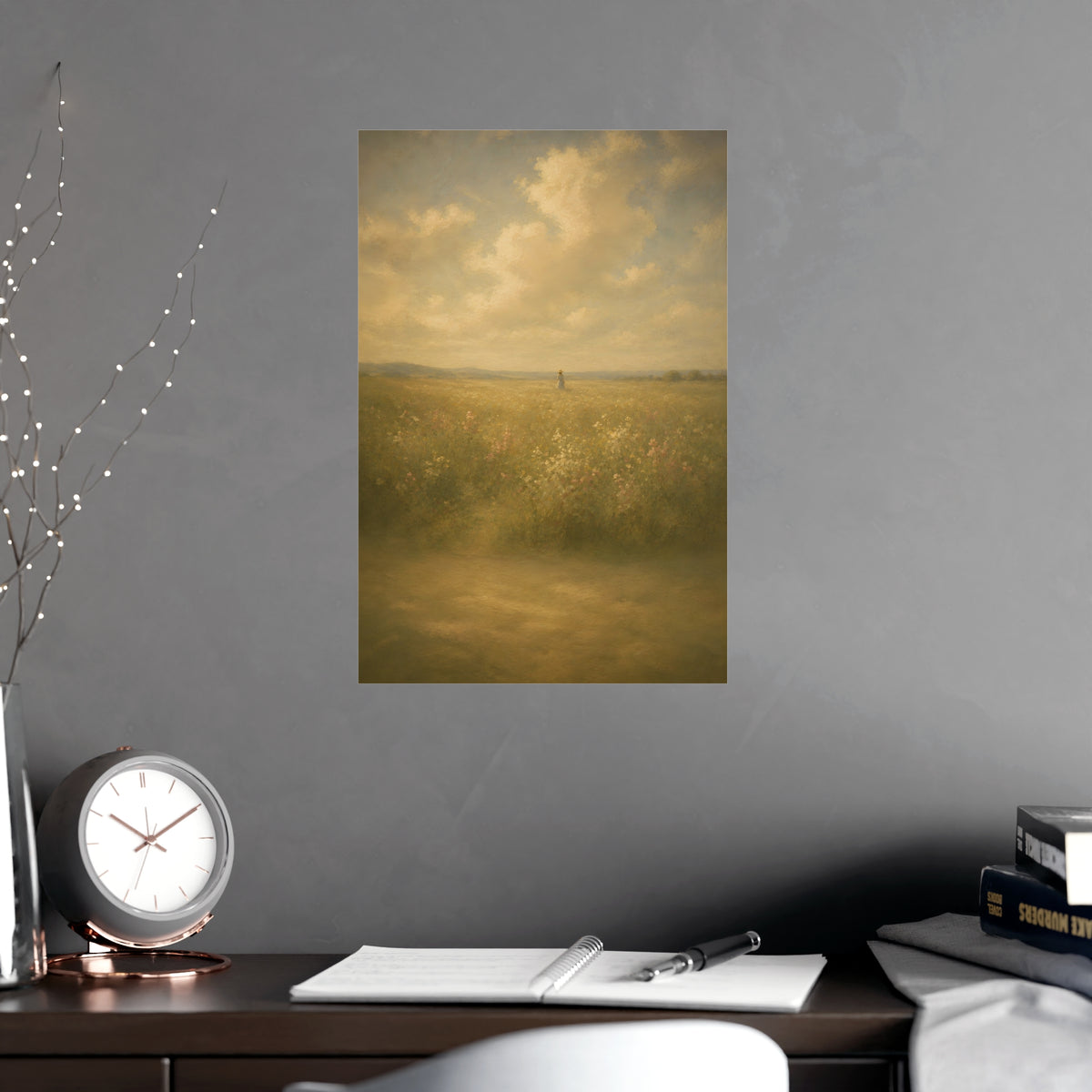 Small in the Field — a single figure very small and far off in a wide wildflower field under a wide summer sky, shown framed