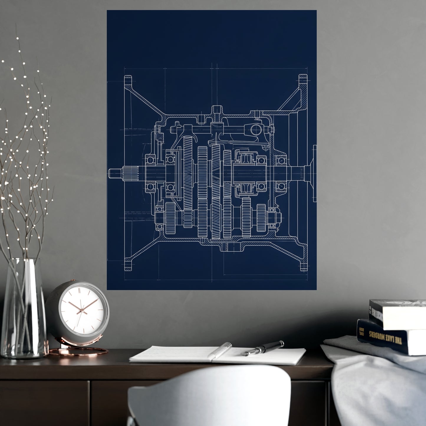 Gearbox, in Cutaway hung above a sofa with a side table and lilies, 18x24 in print