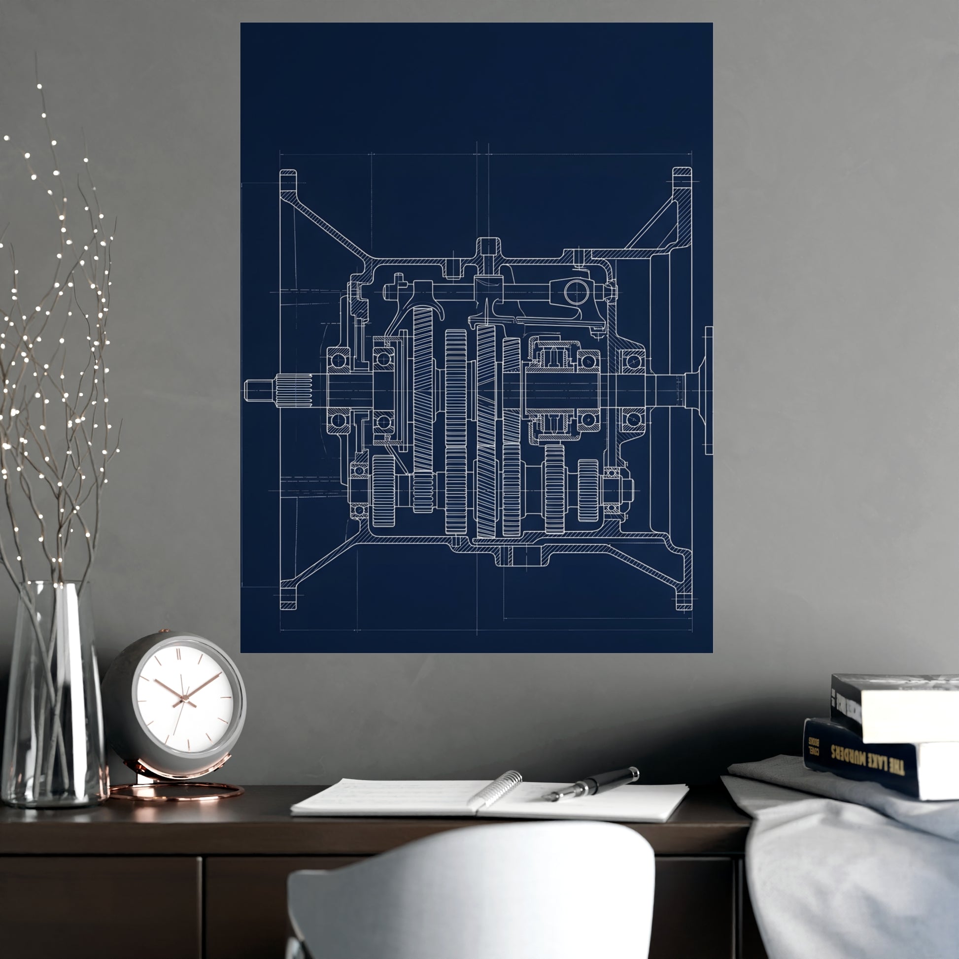 Gearbox, in Cutaway hung above a sofa with a side table and lilies, 18x24 in print