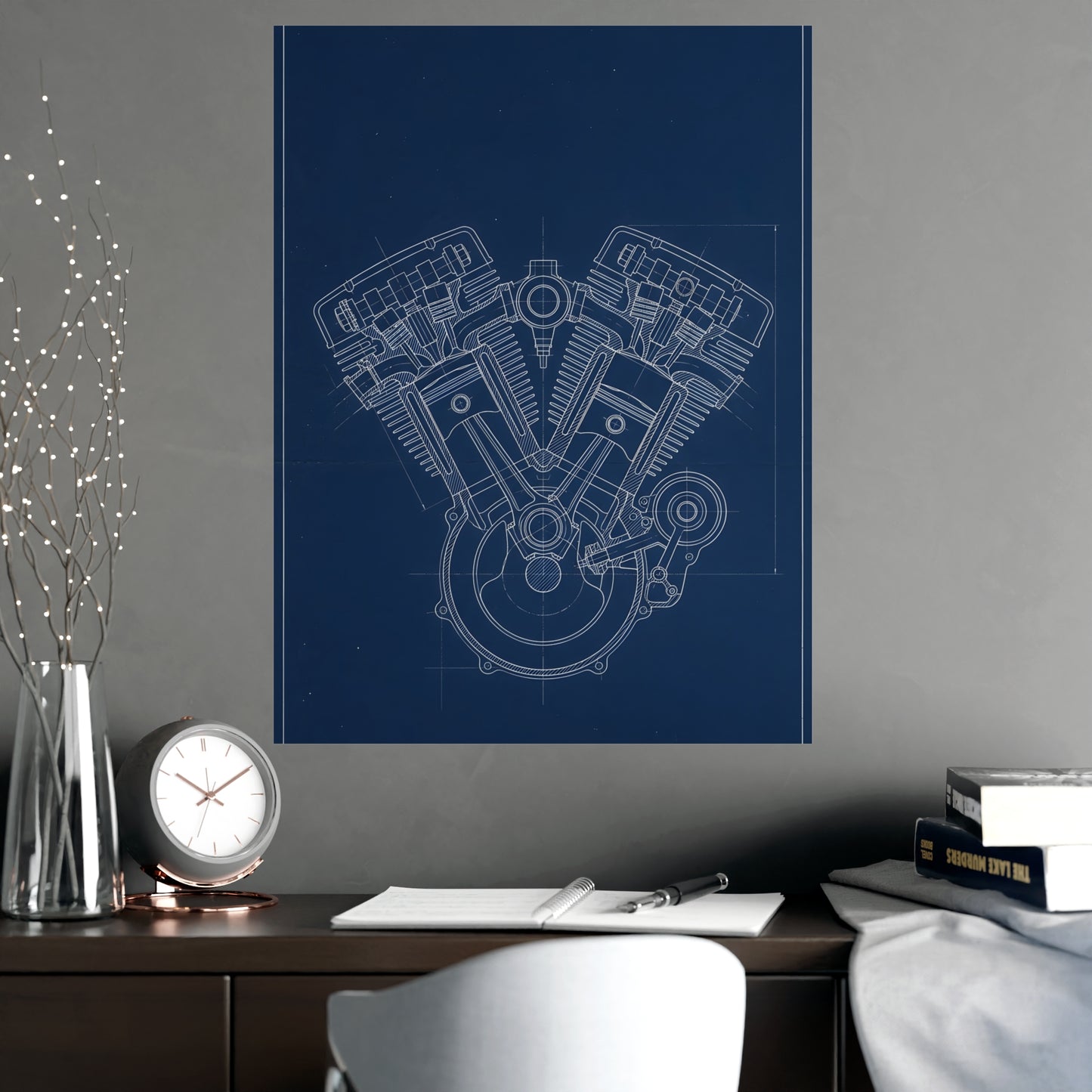 V-Twin Engine framed on a cream wall in a living room, 18x24 in print