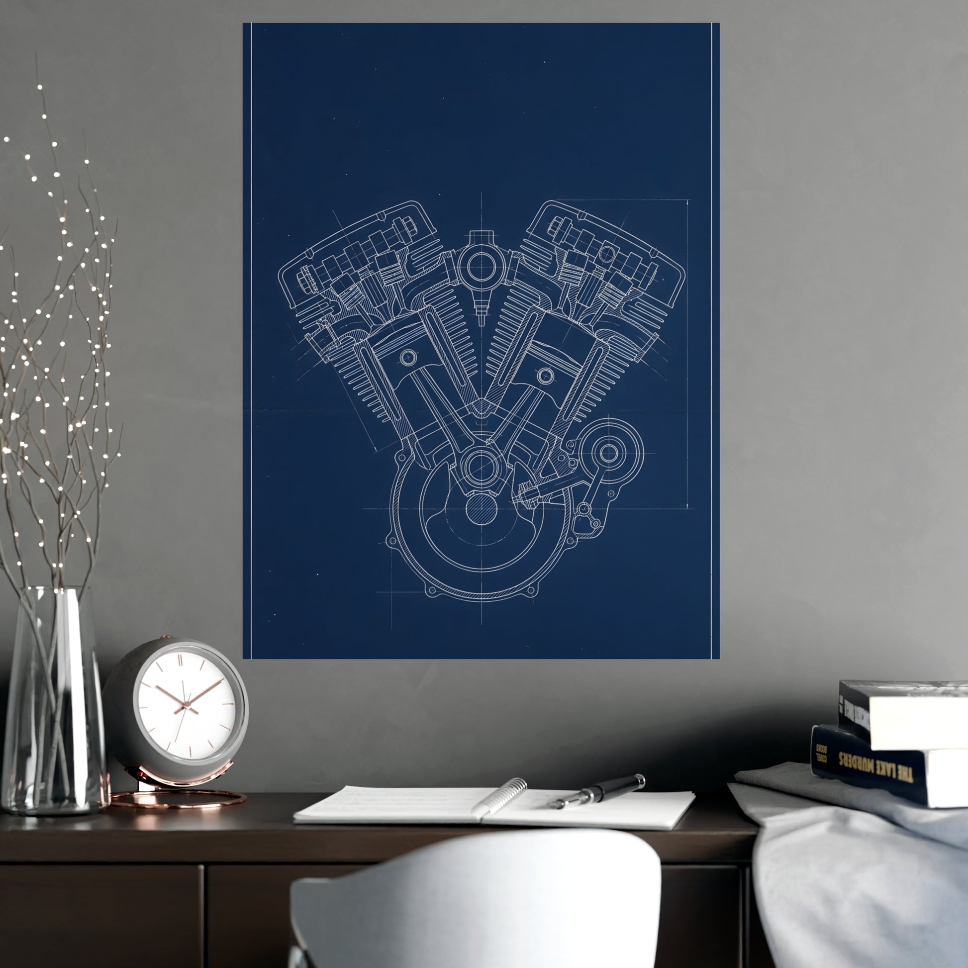 V-Twin Engine framed on a cream wall in a living room, 18x24 in print
