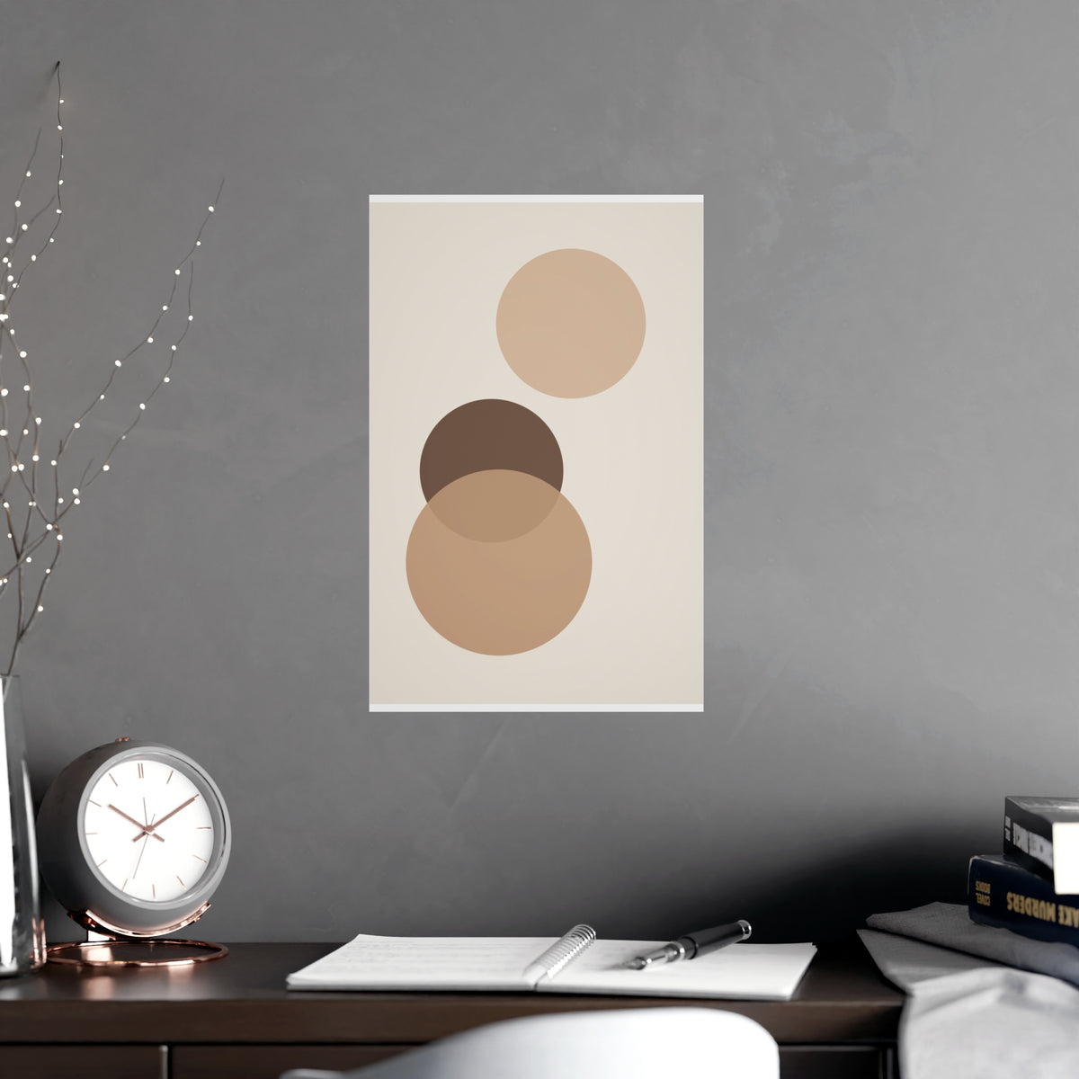 Sand Clay Circles Modern Wall Art — circles in a sand clay palette, shown framed on a wall