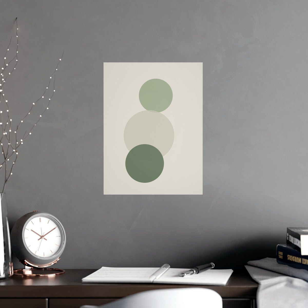 Sage Neutral Circles Boho Wall Art — circles in a sage neutral palette, shown framed on a wall
