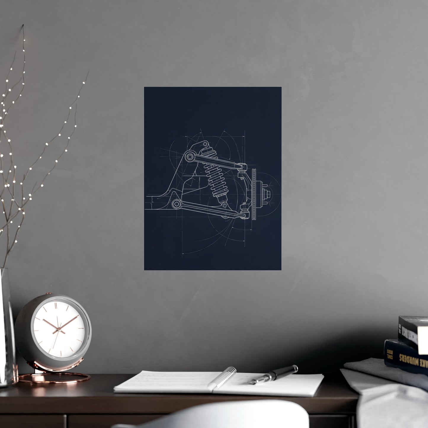 Double Wishbone on a living room wall beside a tall vase, 12x18 in print