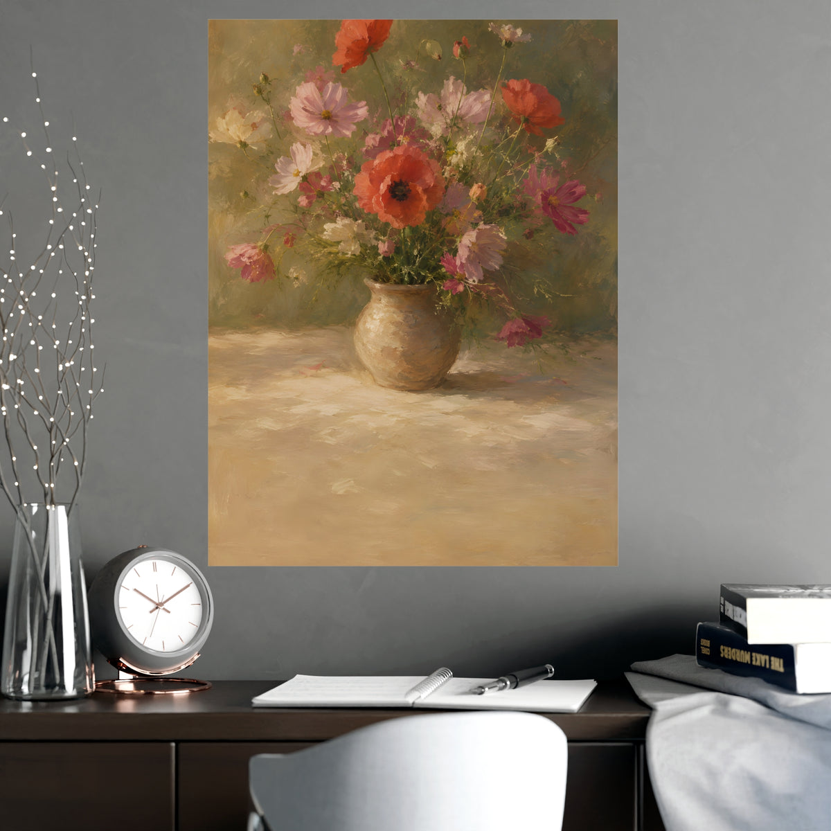 Poppy and Cosmos Bouquet — a loose bouquet of poppies and cosmos in an earthenware vase, shown framed on a wall