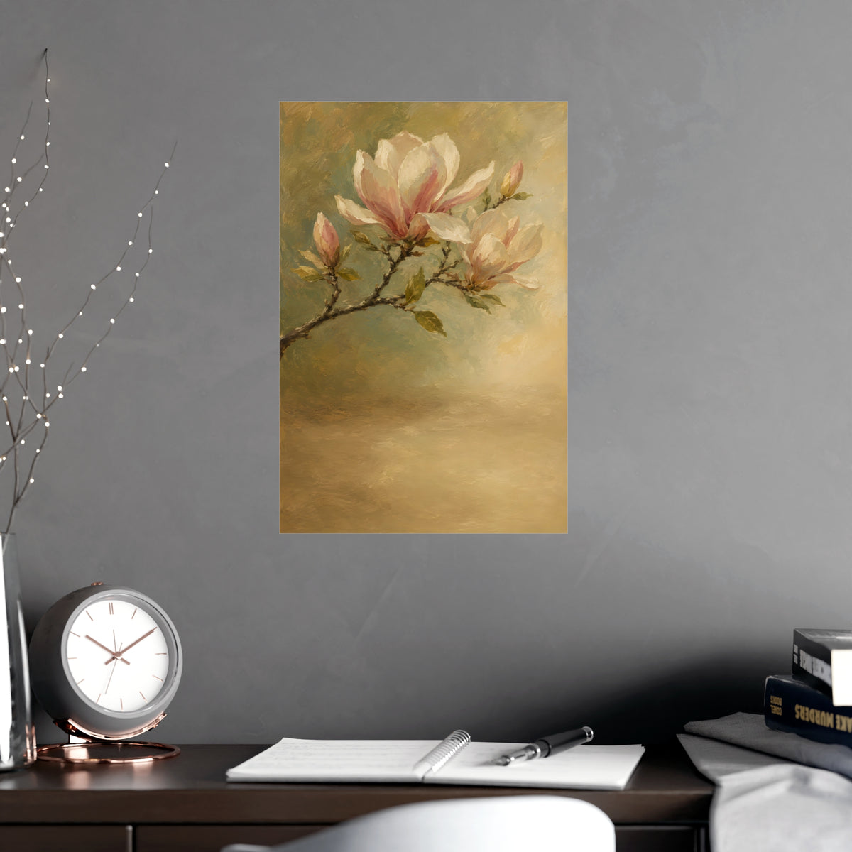 Magnolia Branch — a single magnolia branch in bloom, shown framed on a wall