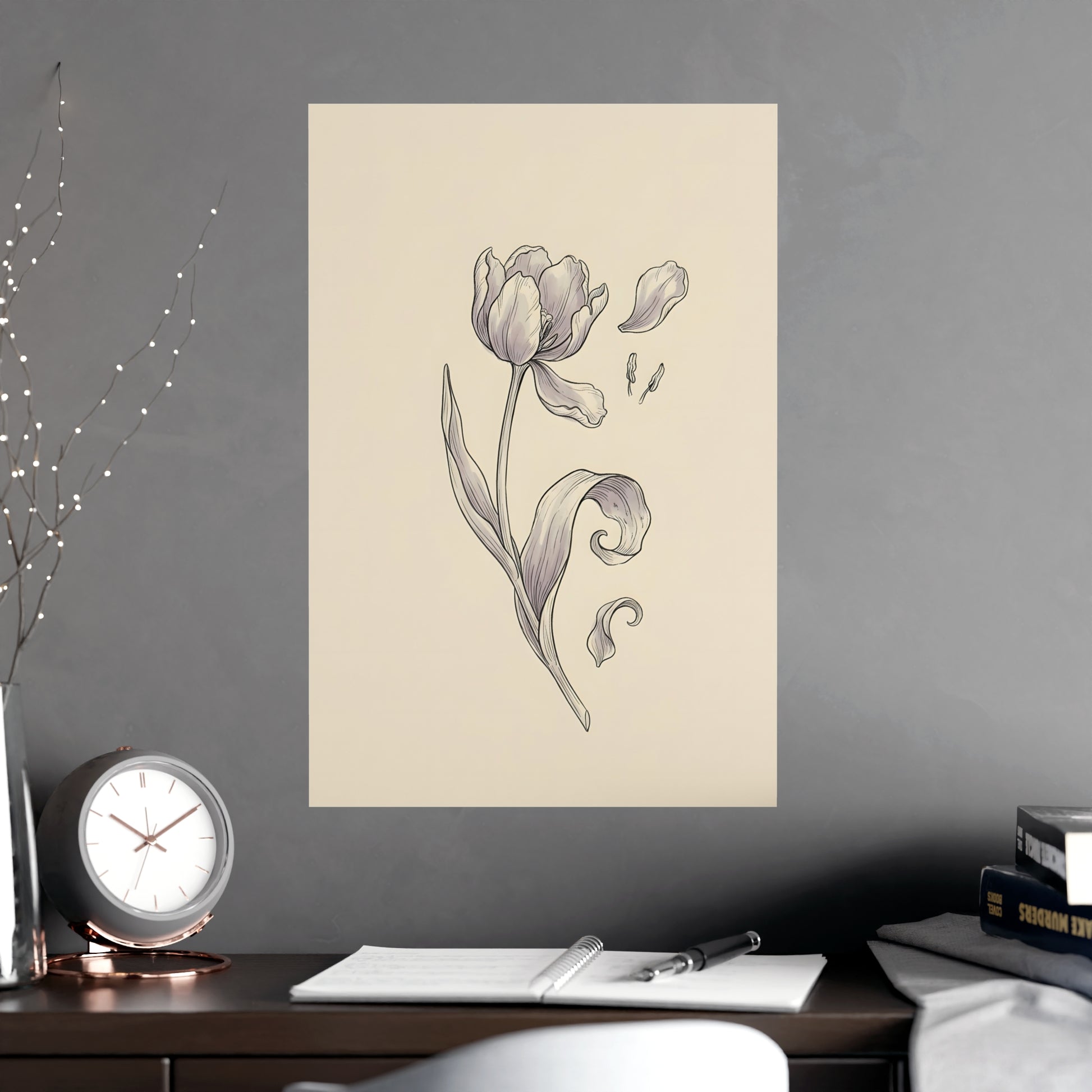 Tulip, Just Past on a living room wall beside a tall vase, 16x24 in print