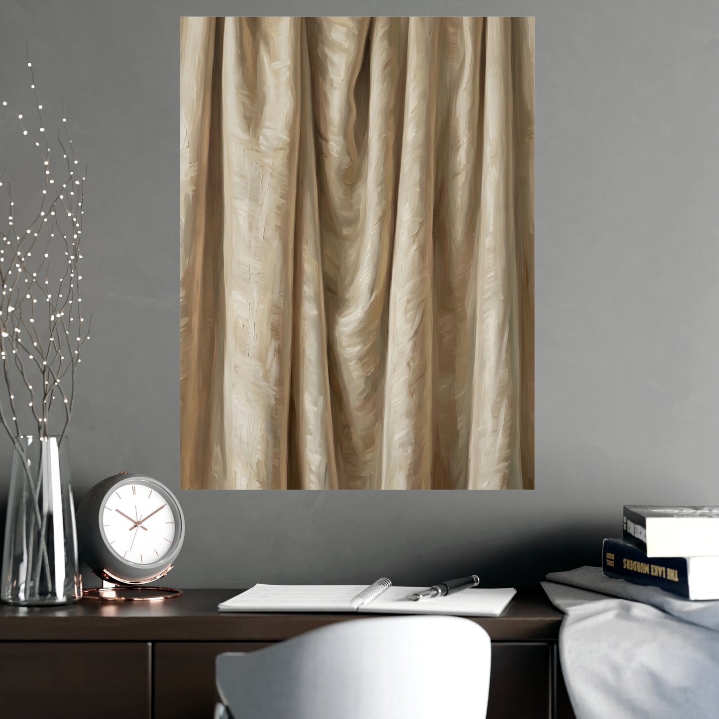 Raw Silk hung above a sofa with a side table and lilies, 18x24 in print
