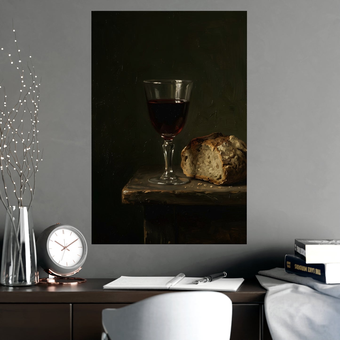 Wine and Bread on a living room wall beside a tall vase, 20x30 in print