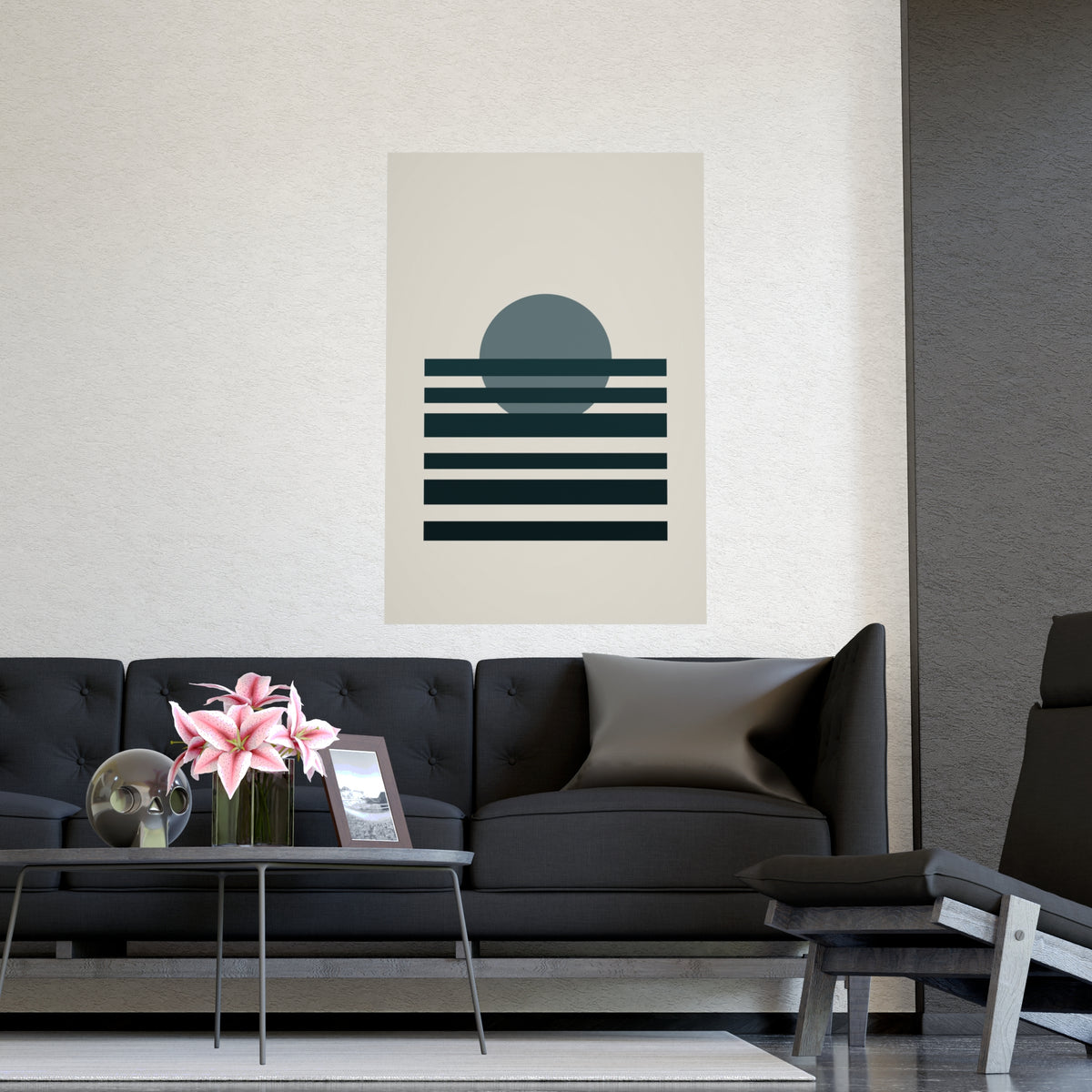 Deep Teal Sunset Landscape Wall Art — sunset landscape in a deep teal palette, shown framed on a wall