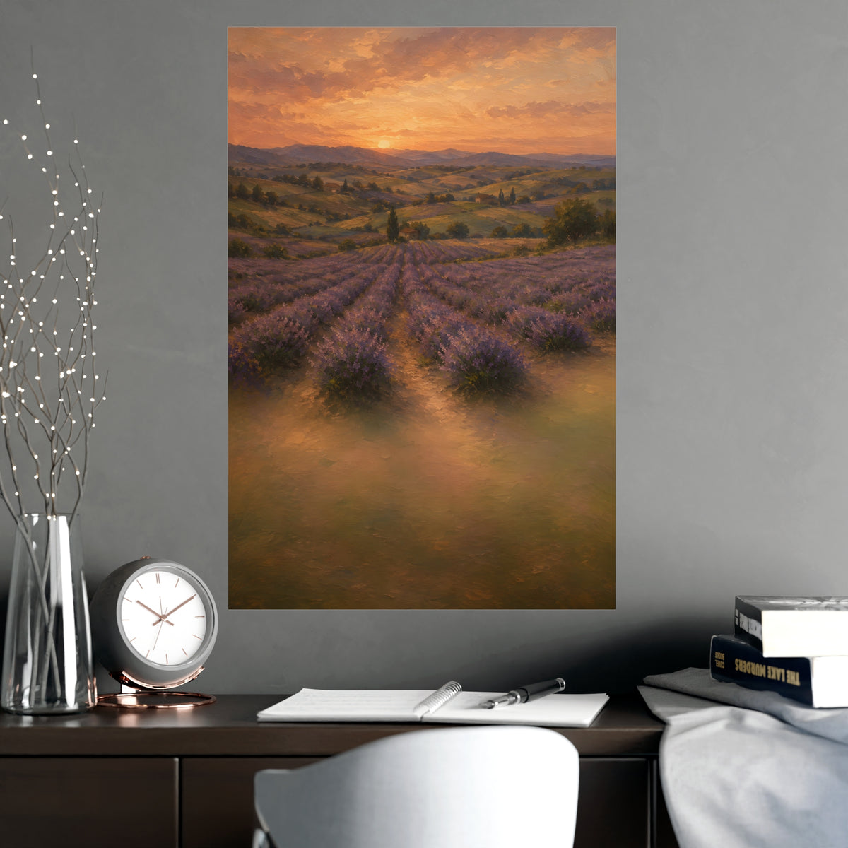 Lavender Fields at Dusk — lavender rows receding into soft hills at dusk, shown framed on a wall