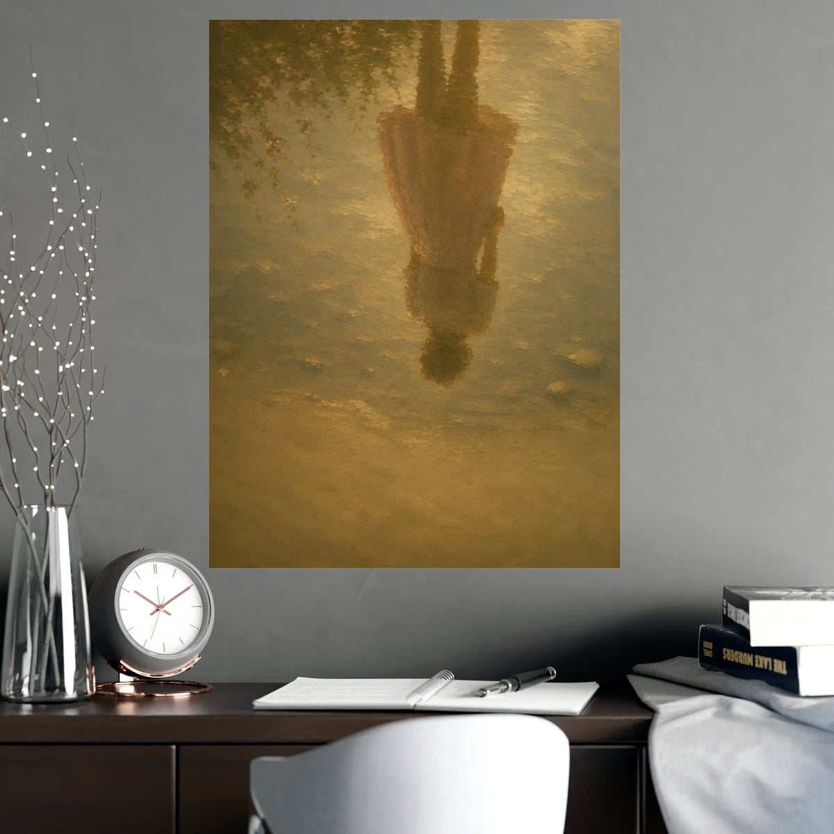 Reflected in the Shallows — only a woman's reflection in still shallow water, the figure herself out of frame, shown framed o