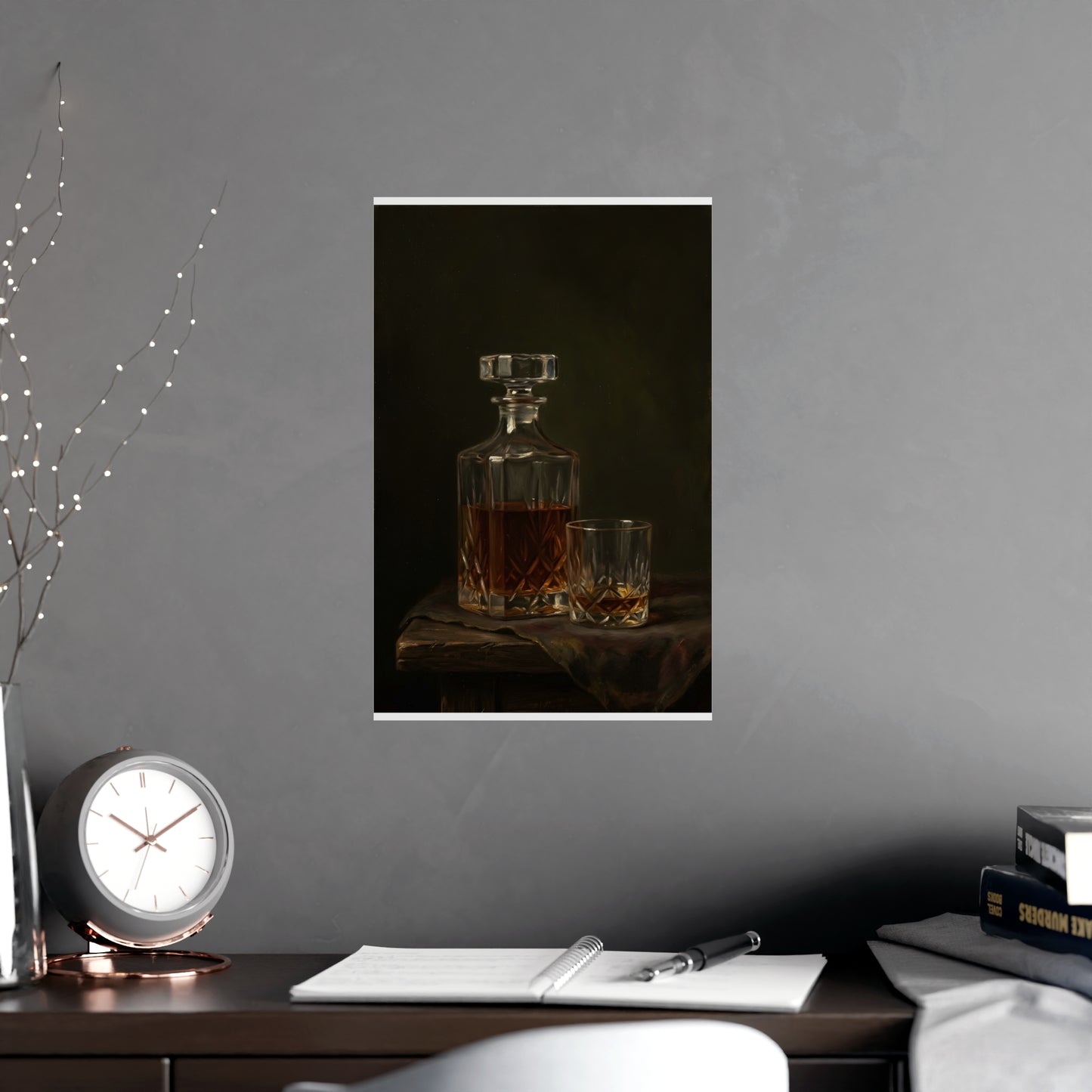 Decanter and Glass framed on a cream wall in a living room, 11x17 in print