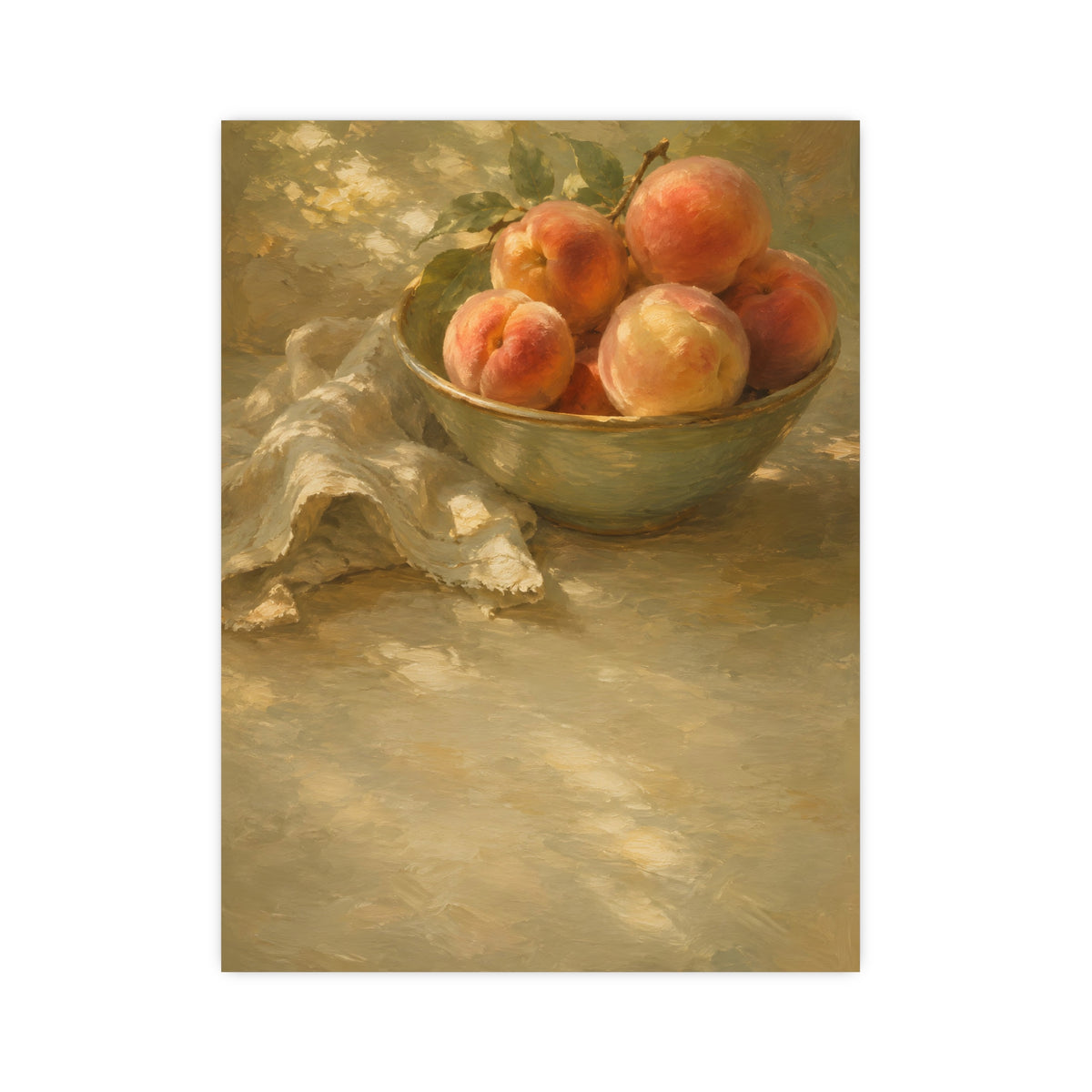 Bowl of Peaches — a bowl of ripe peaches and a folded linen napkin on a sunlit table, 12x16 in print
