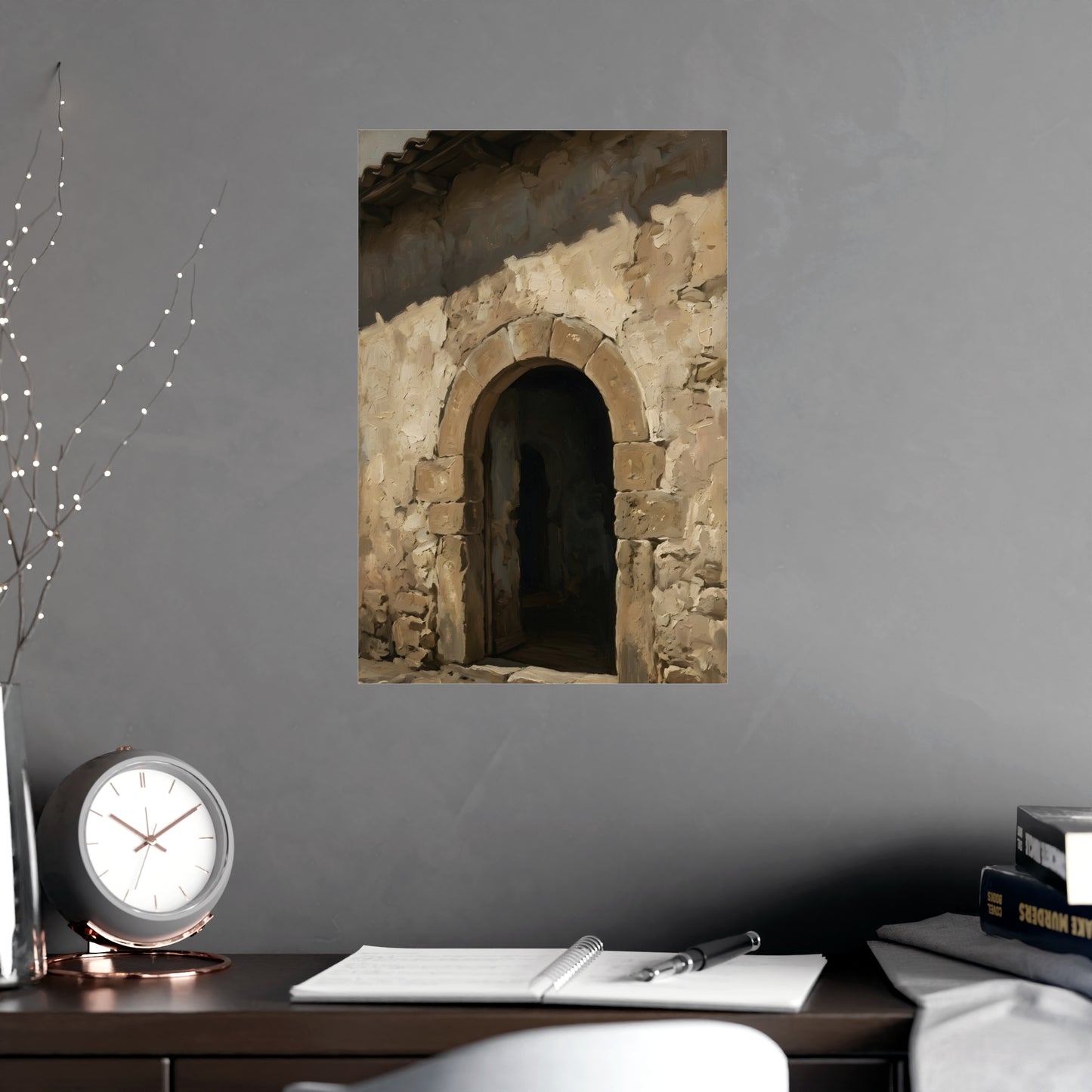 Arched Doorway hung above a desk with a clock and notebook, 12x18 in print