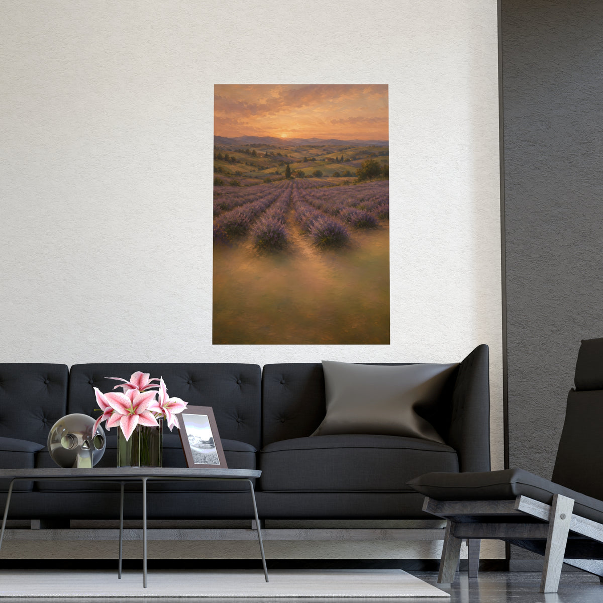 Lavender Fields at Dusk — lavender rows receding into soft hills at dusk, shown framed on a wall