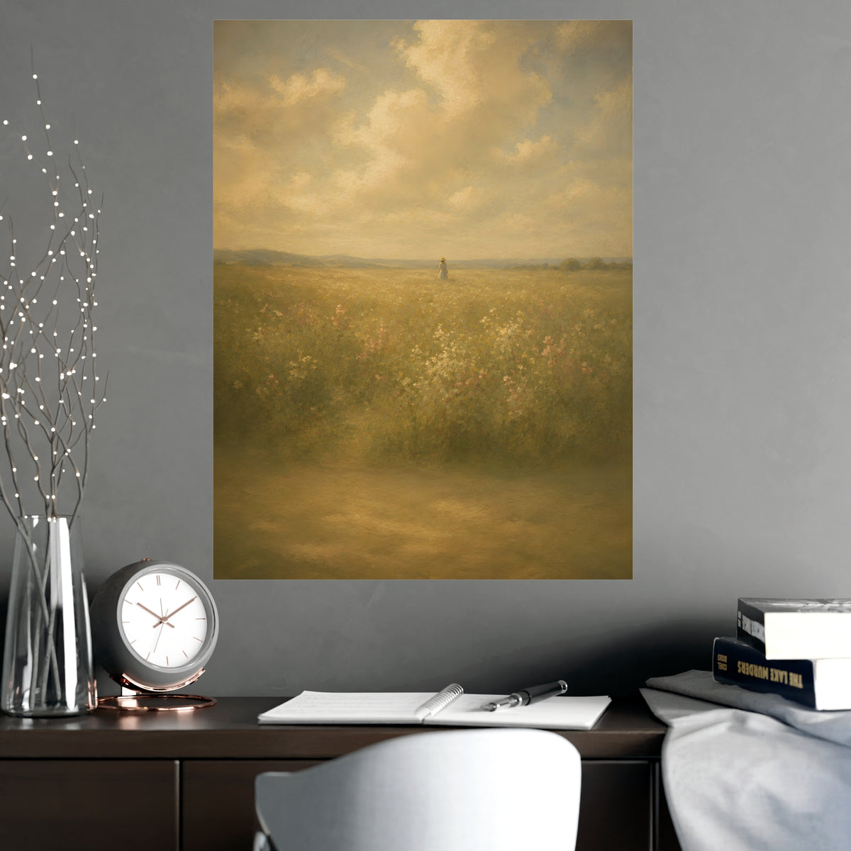 Small in the Field — a single figure very small and far off in a wide wildflower field under a wide summer sky, shown framed