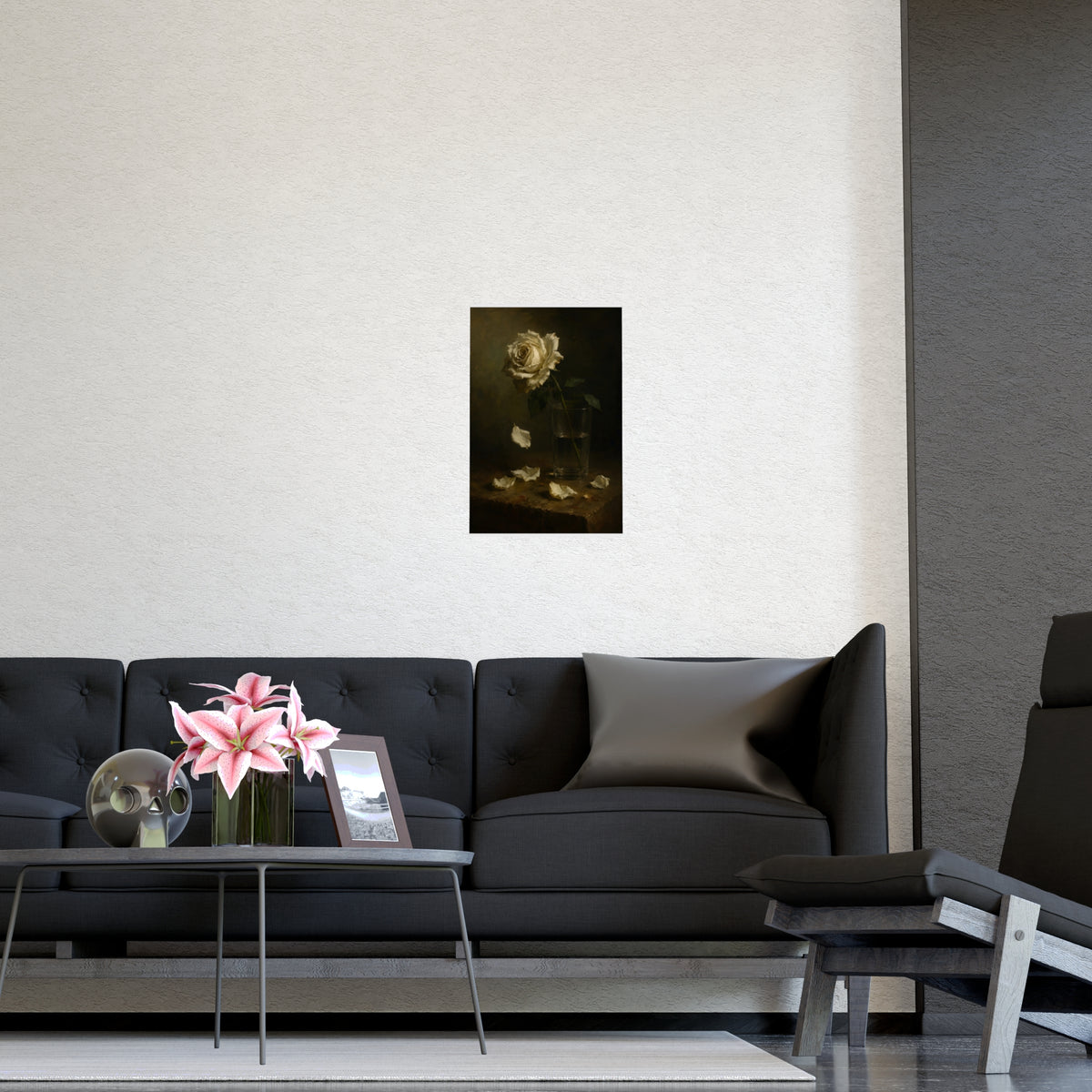 White Rose, Falling — white rose, falling, shown framed on a wall