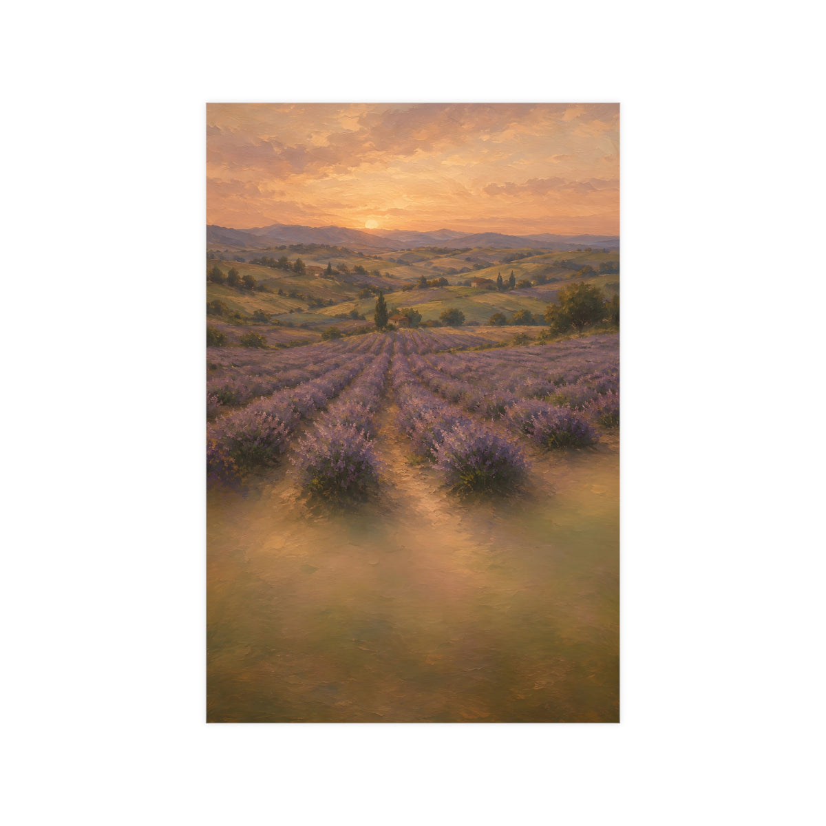 Lavender Fields at Dusk — lavender rows receding into soft hills at dusk, 12x18 in print
