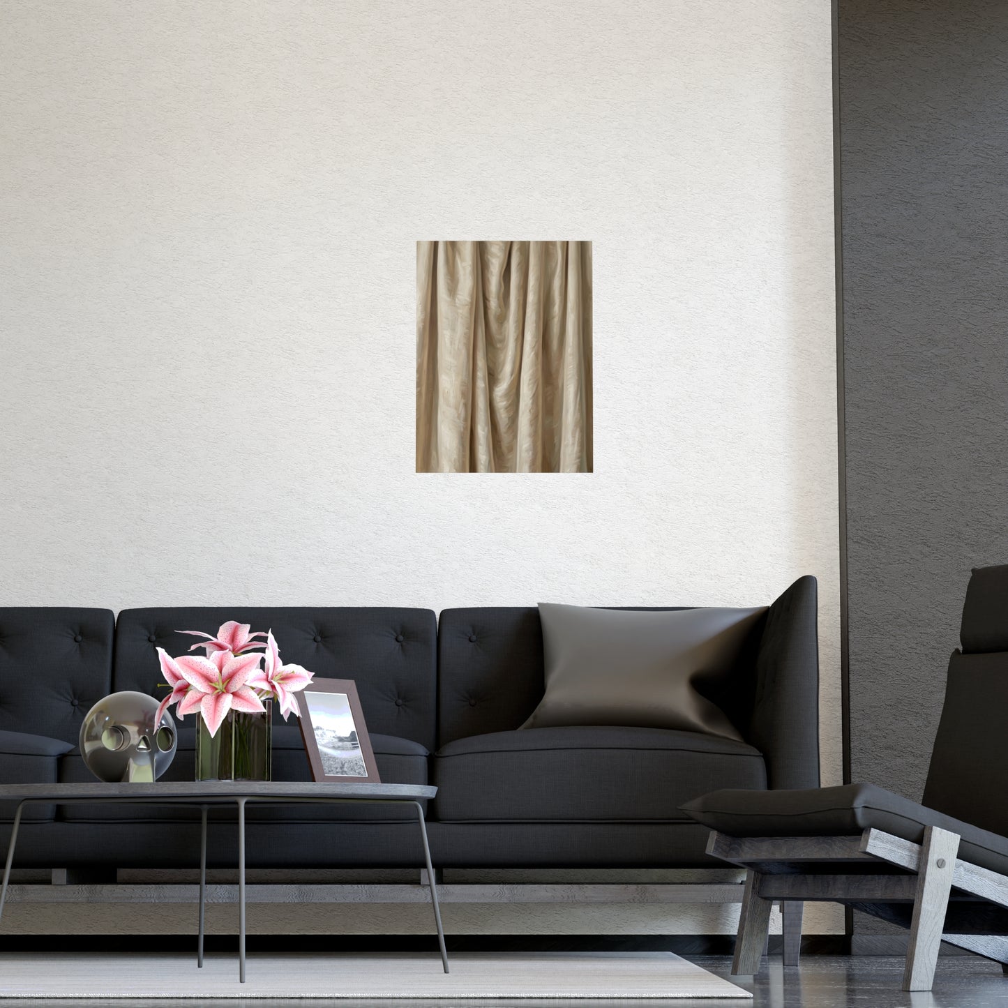 Raw Silk hung on a grey wall above a dark sofa, 12x16 in print