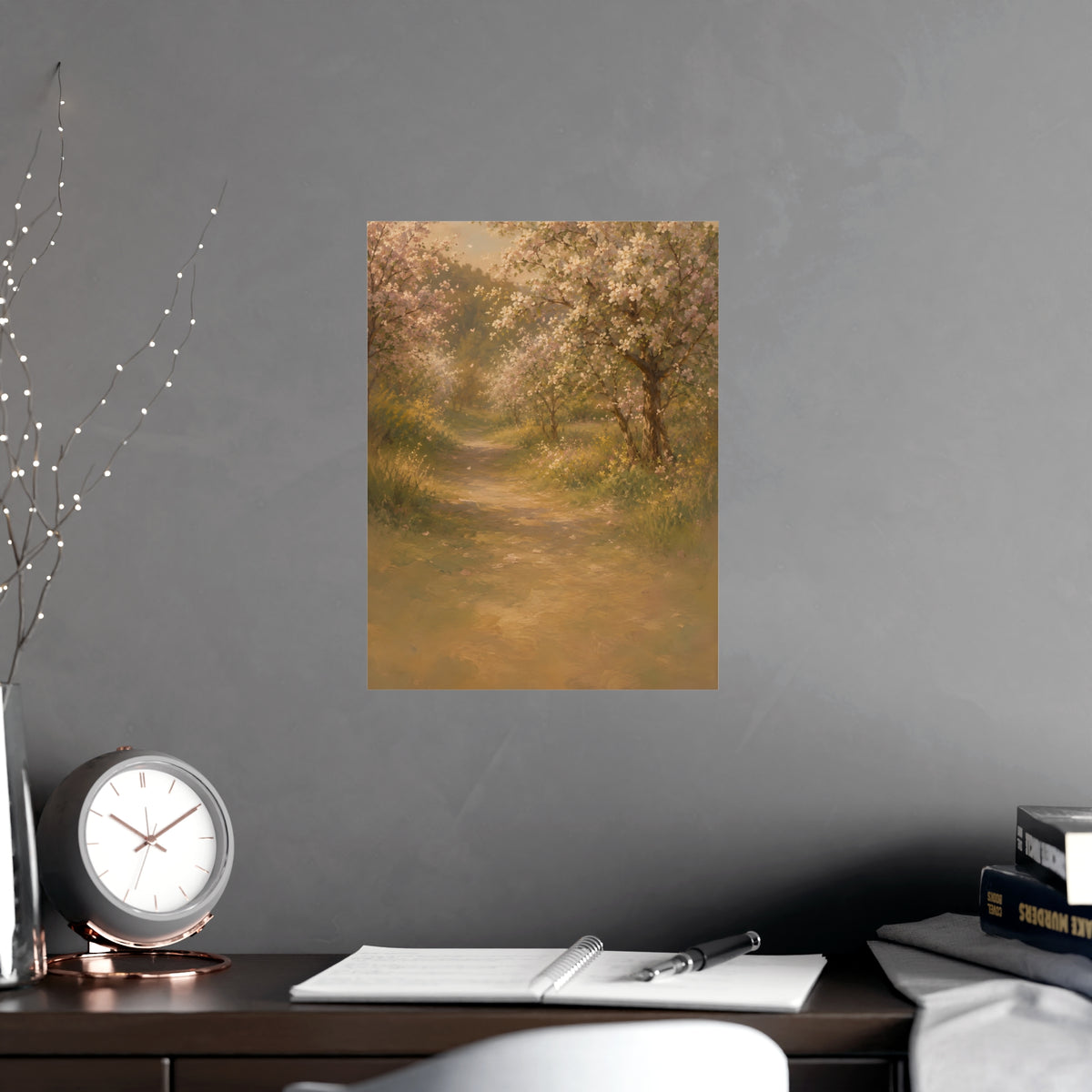Orchard Path in Spring — a quiet orchard path with blossom drifting, shown framed on a wall