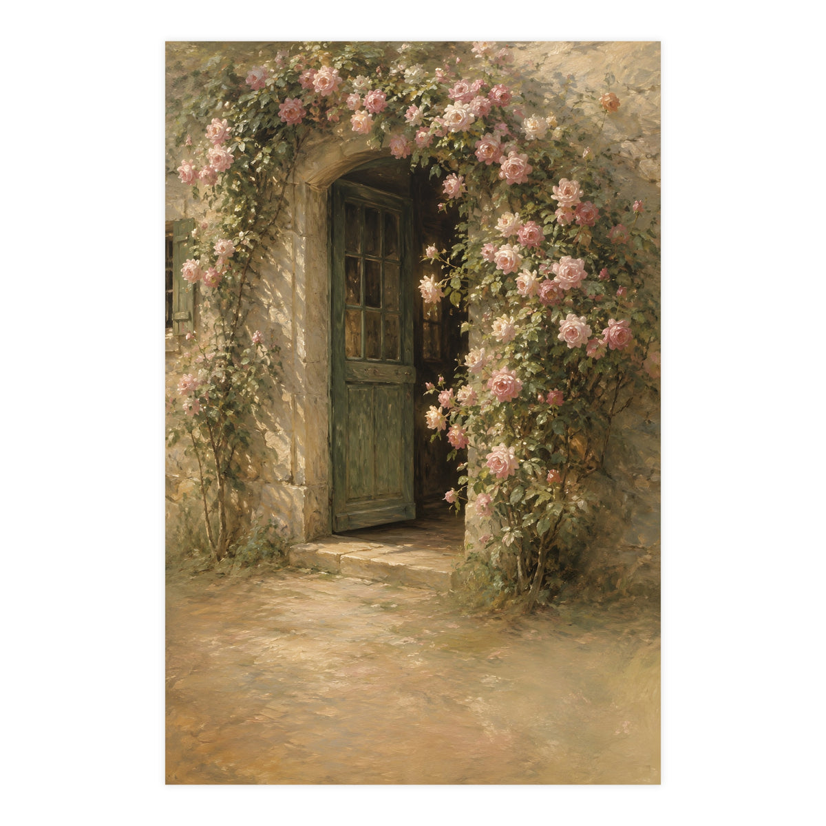 Rose Cottage Door — a stone cottage doorway framed by climbing roses in full bloom, 24x36 in print