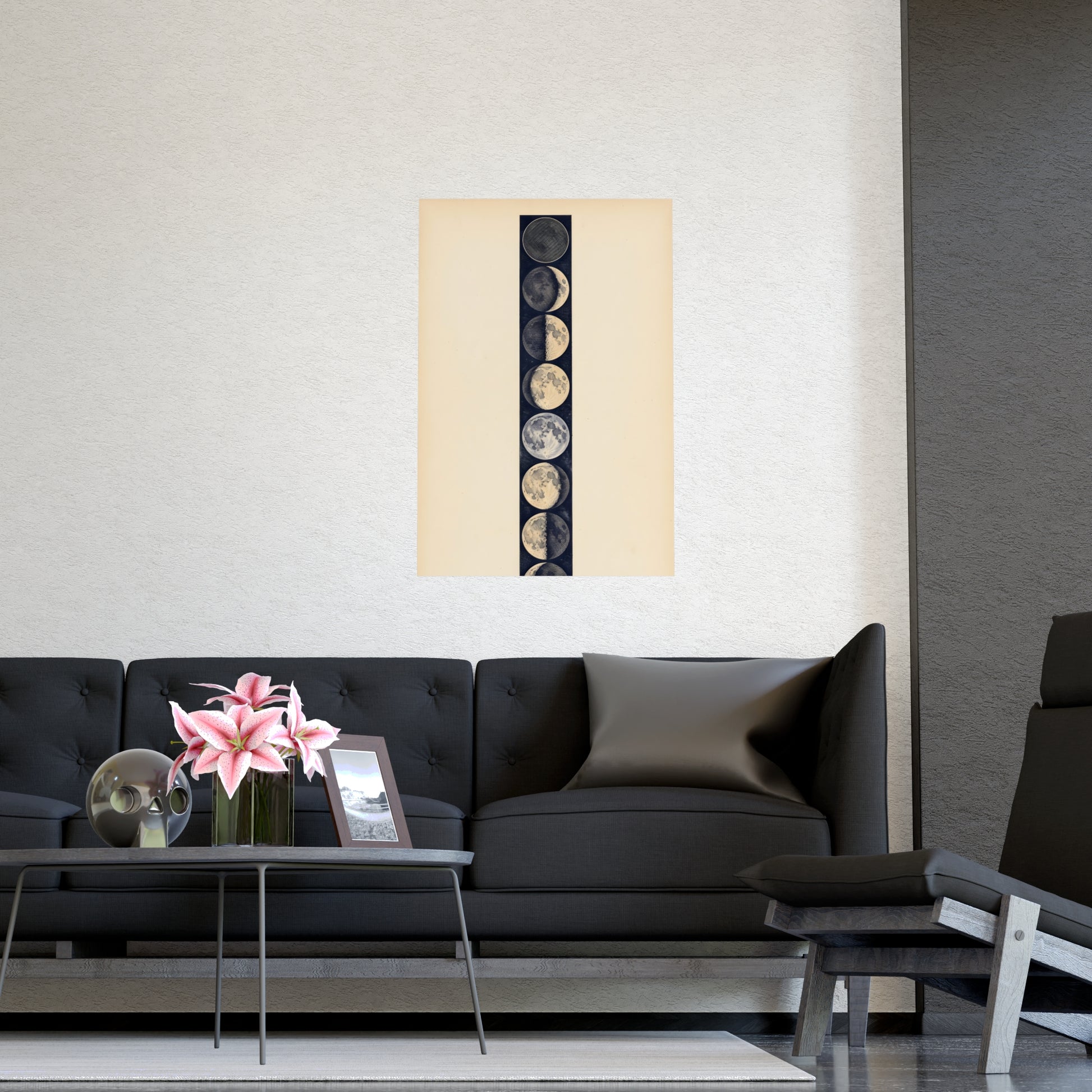 Phases of the Moon framed on a cream wall in a living room, 16x24 in print