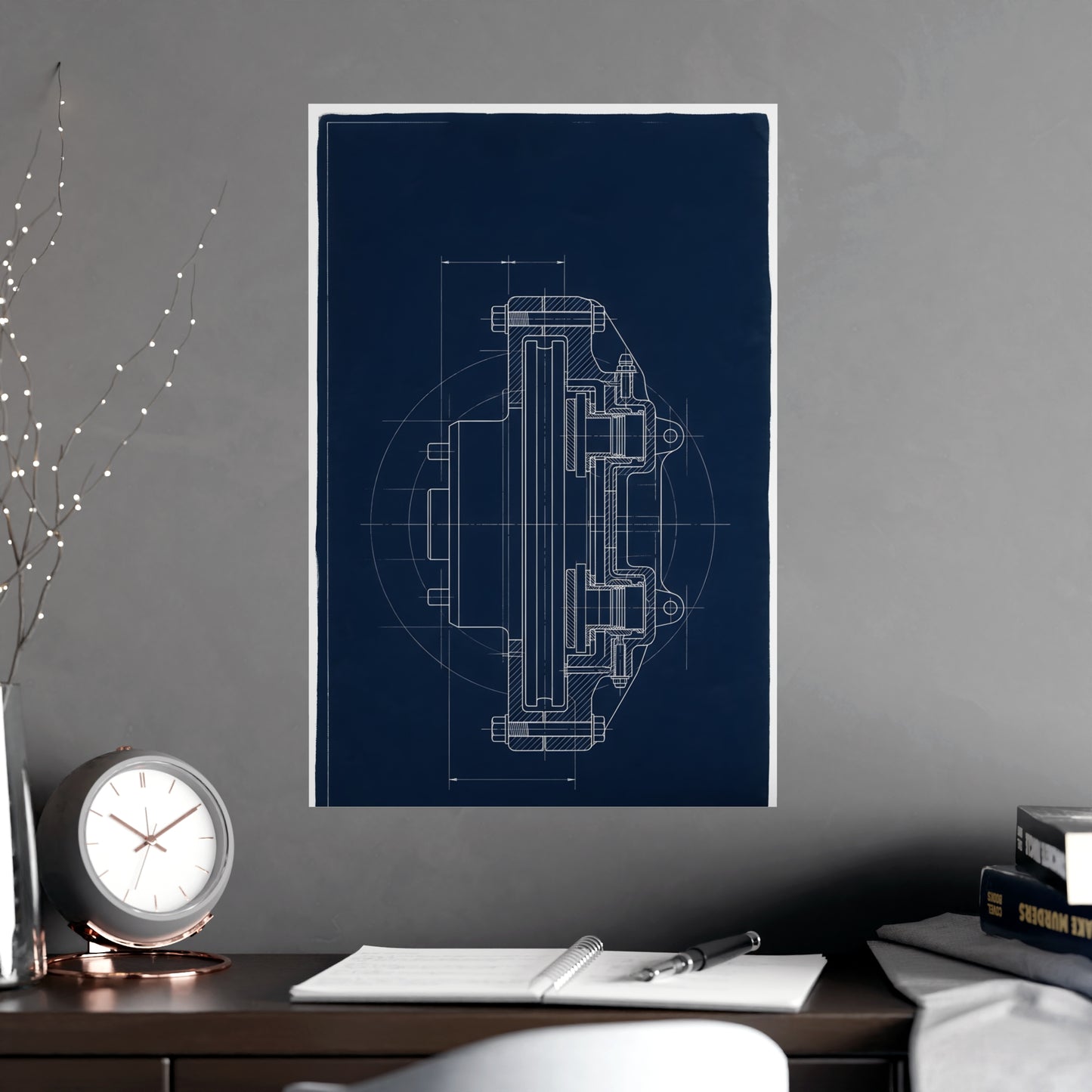 Disc Brake, in Section hung on a grey wall above a dark sofa, 18x24 in print