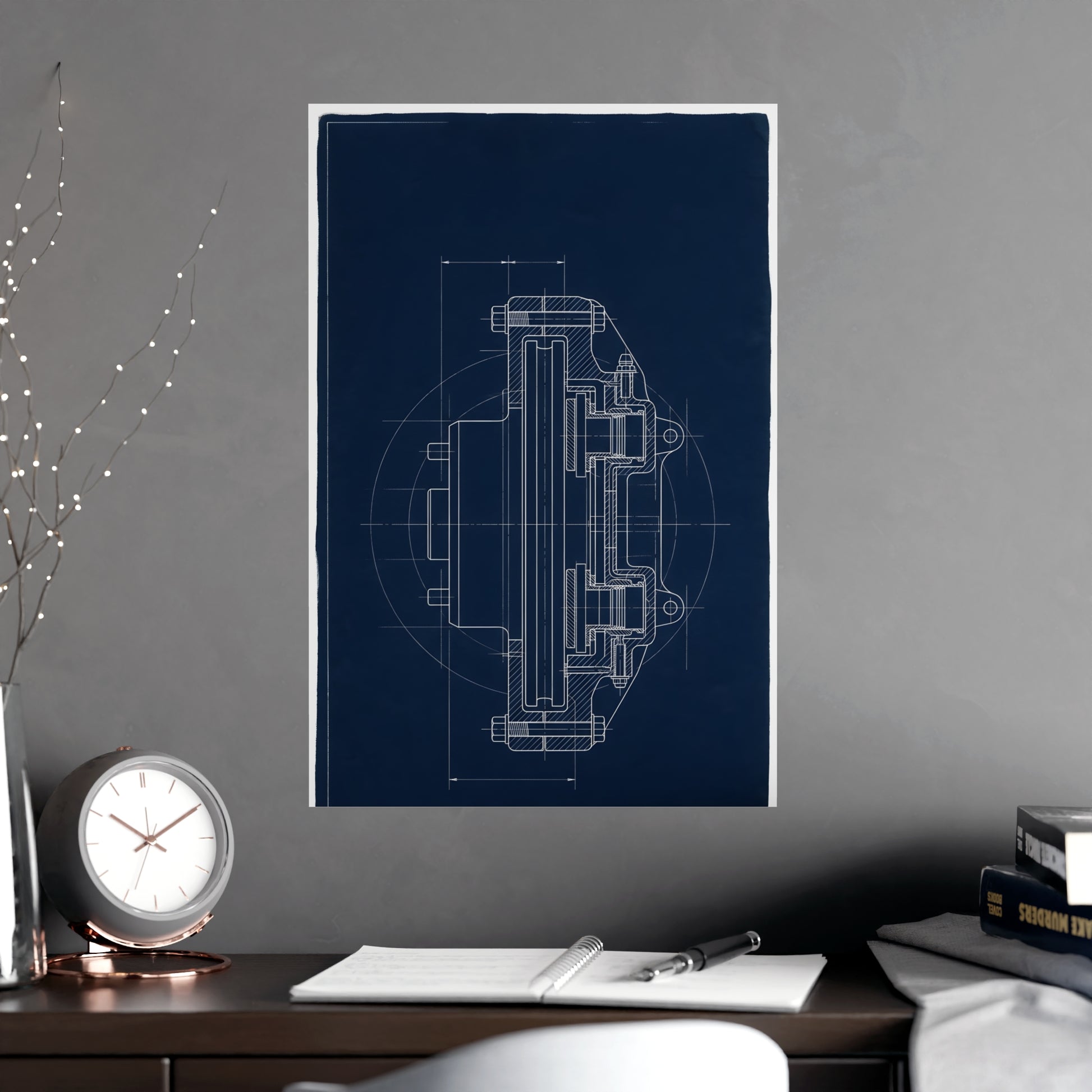 Disc Brake, in Section hung on a grey wall above a dark sofa, 18x24 in print