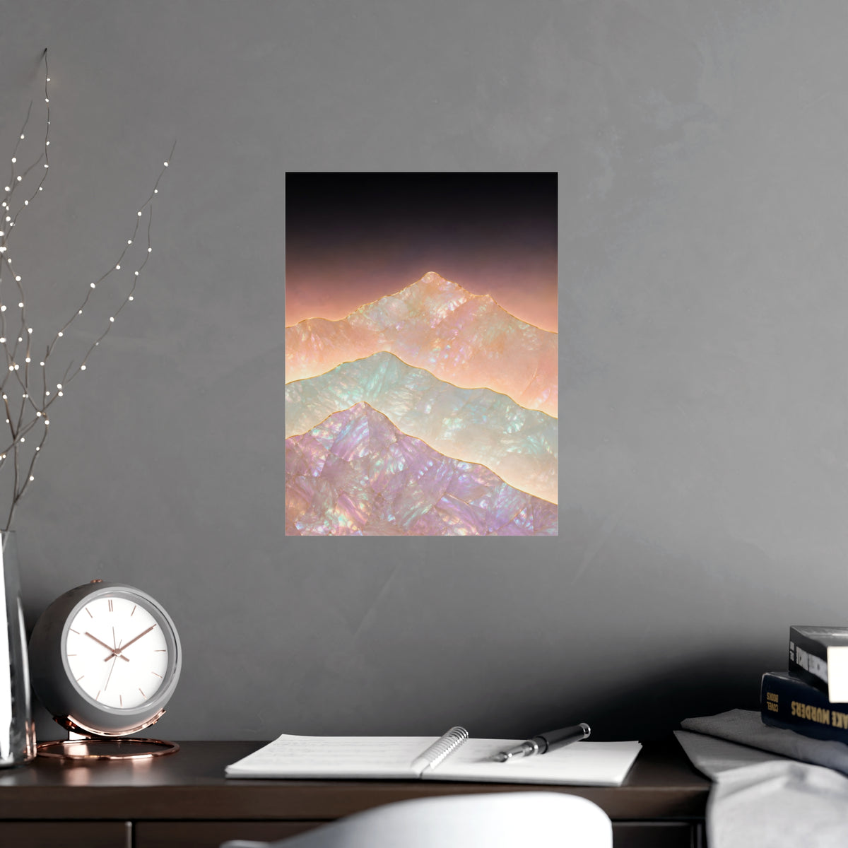 Mountains, Far Off — mountains, far off, shown framed on a wall