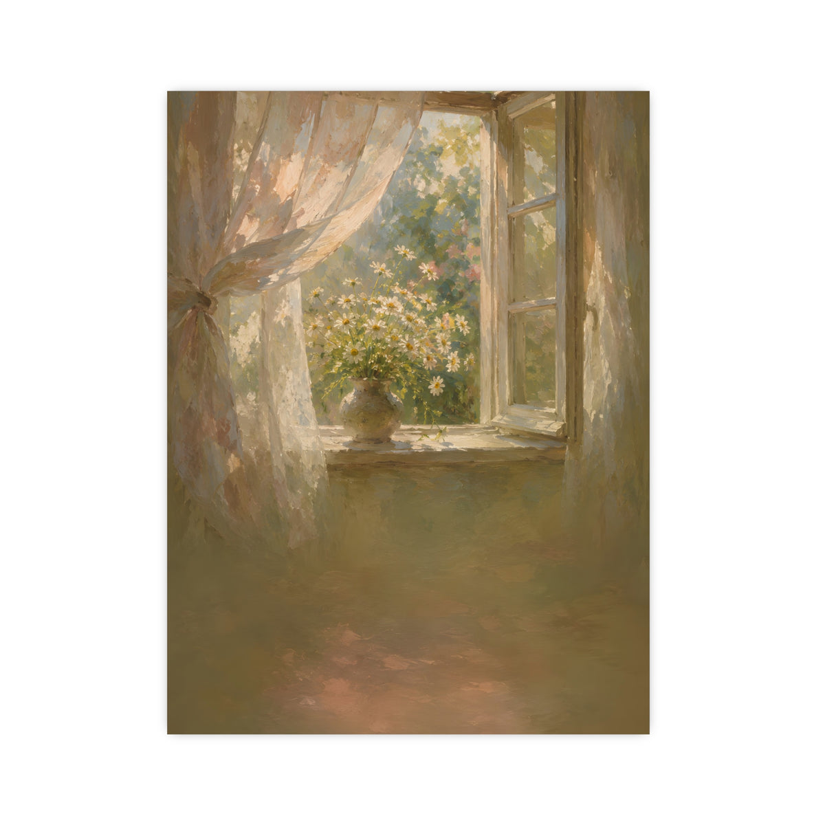 Daisies on the Sill — an open window with sheer curtains lifting in the breeze and a vase of daisies on the sill, 12x16 in pr