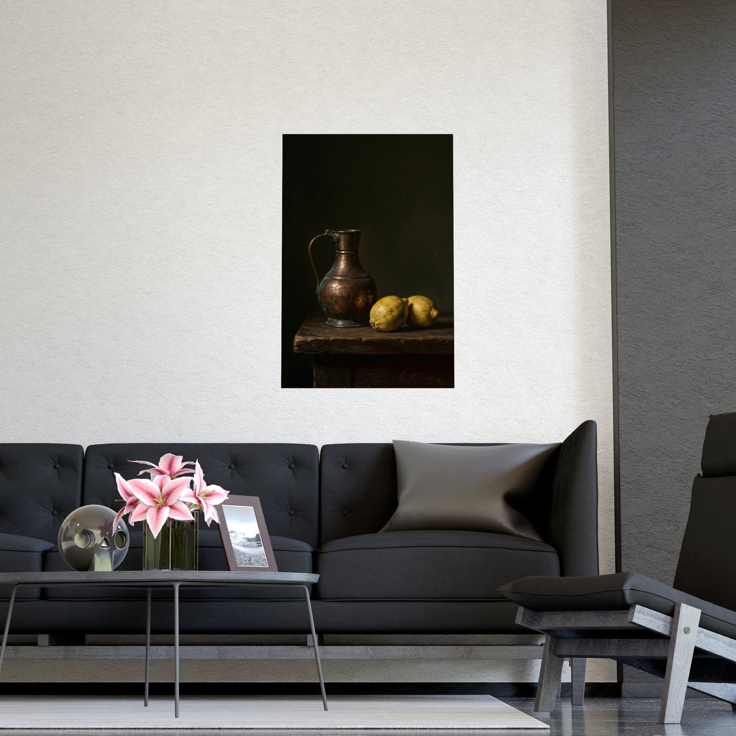 Copper and Lemons hung above a sofa with a side table and lilies, 12x18 in print