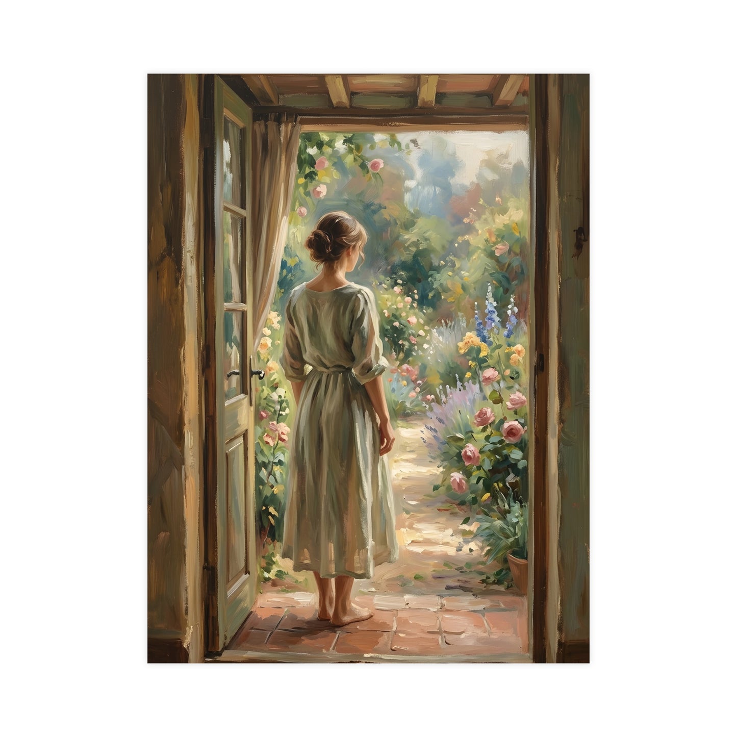 Doorway to the Garden — a woman in a linen dress standing in an open doorway looking out to a summer garden, 12x18 in print
