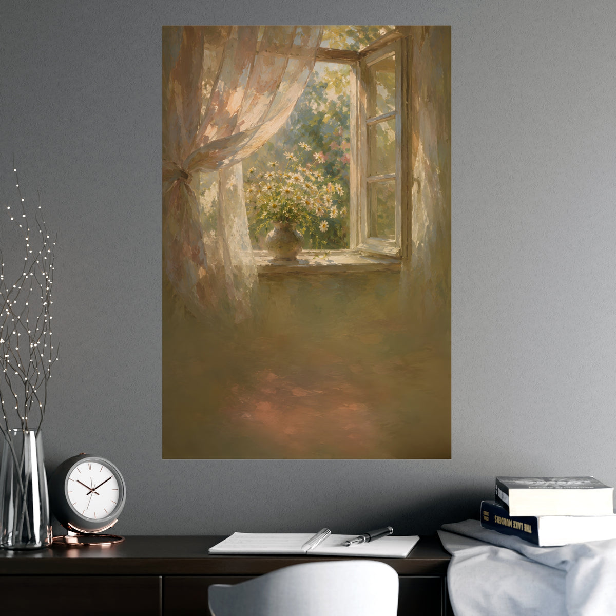 Daisies on the Sill — an open window with sheer curtains lifting in the breeze and a vase of daisies on the sill, shown frame