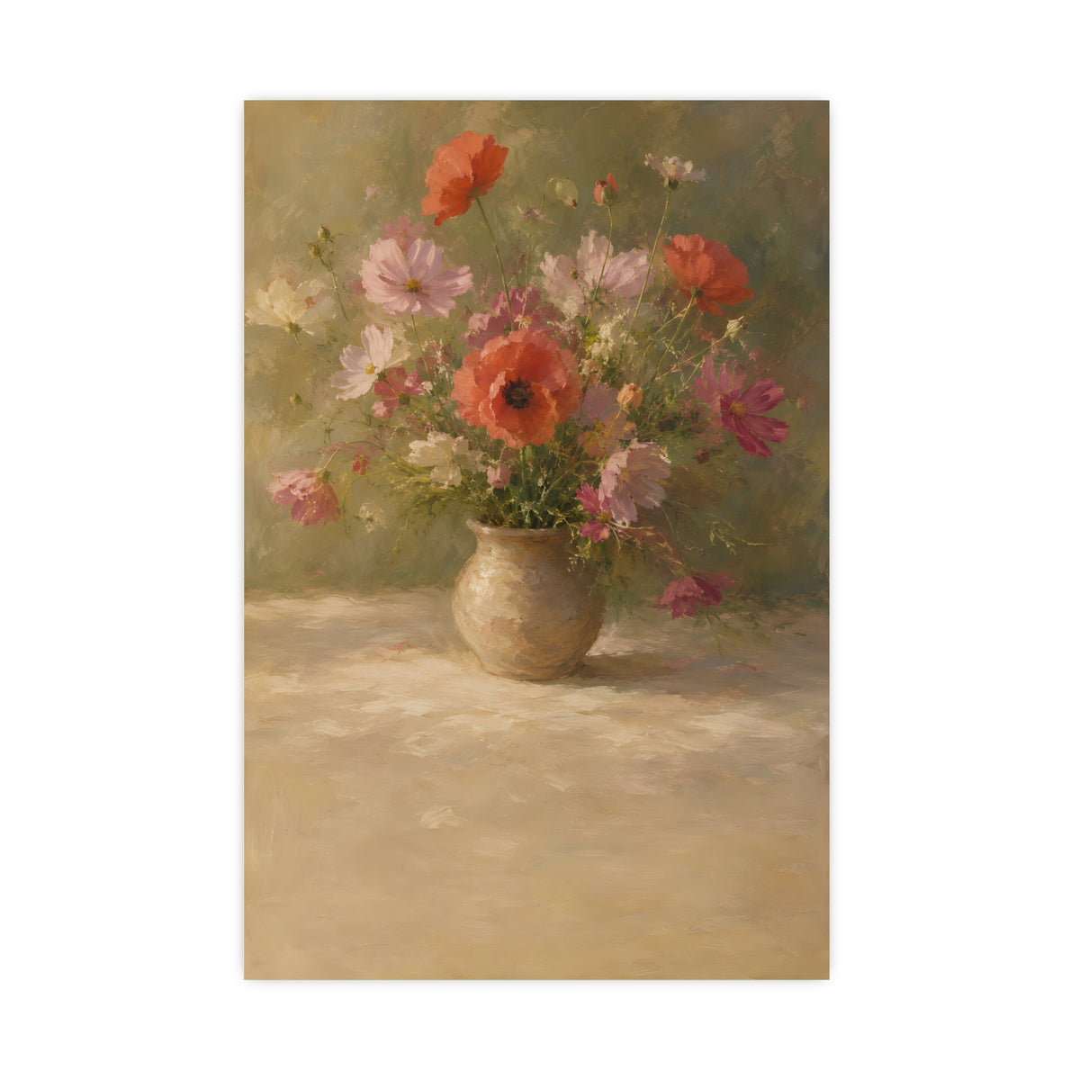 Poppy and Cosmos Bouquet — a loose bouquet of poppies and cosmos in an earthenware vase, 20x30 in print