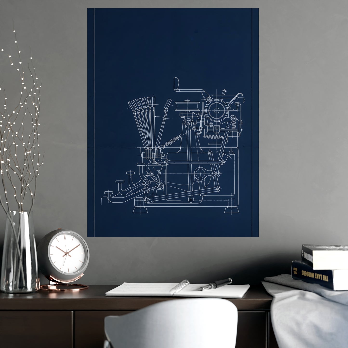 Typewriter Linkage hung above a sofa with a side table and lilies, 18x24 in print