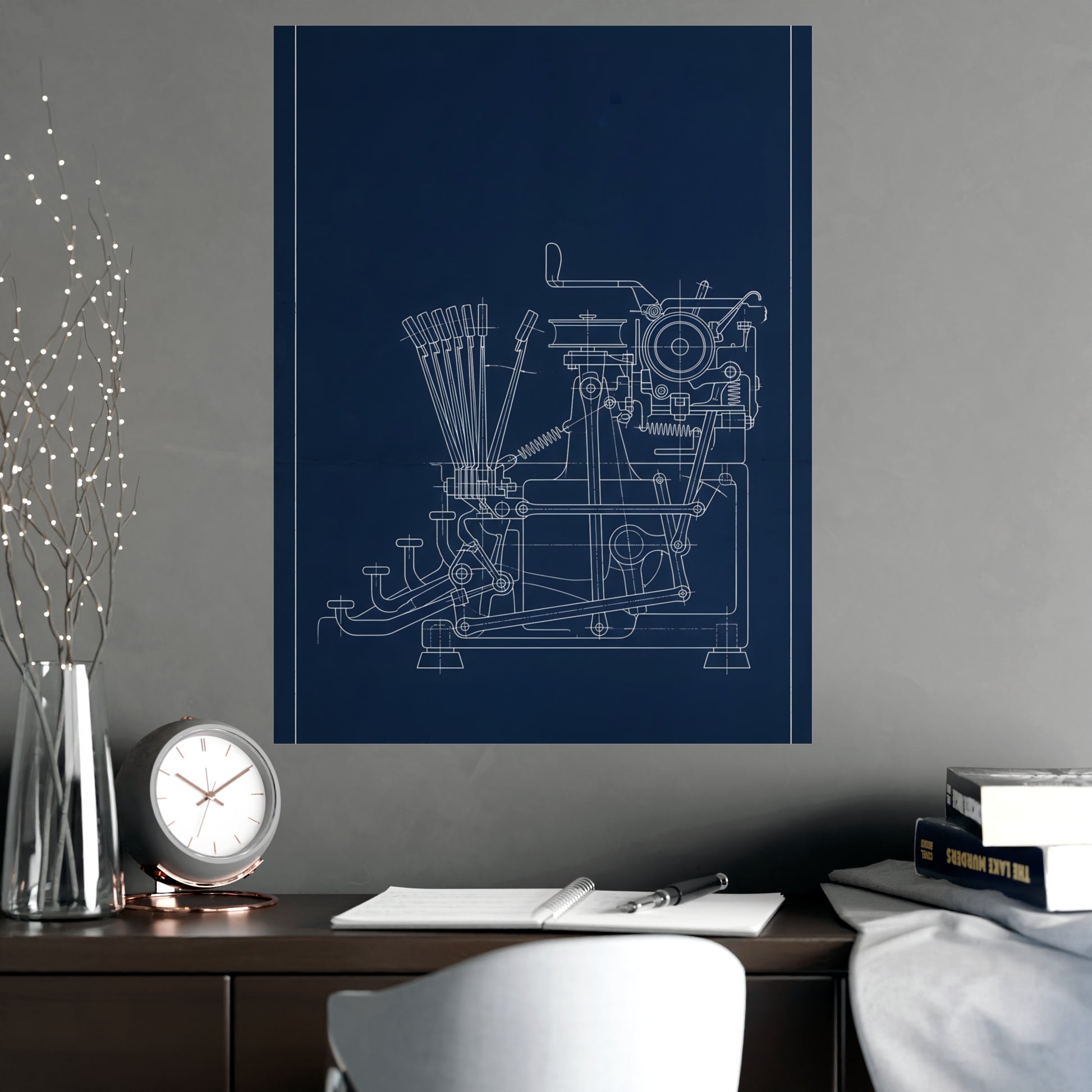 Typewriter Linkage hung above a sofa with a side table and lilies, 18x24 in print