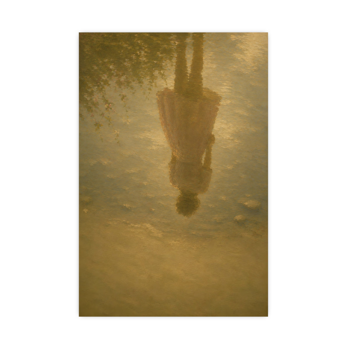 Reflected in the Shallows — only a woman's reflection in still shallow water, the figure herself out of frame, 20x30 in print