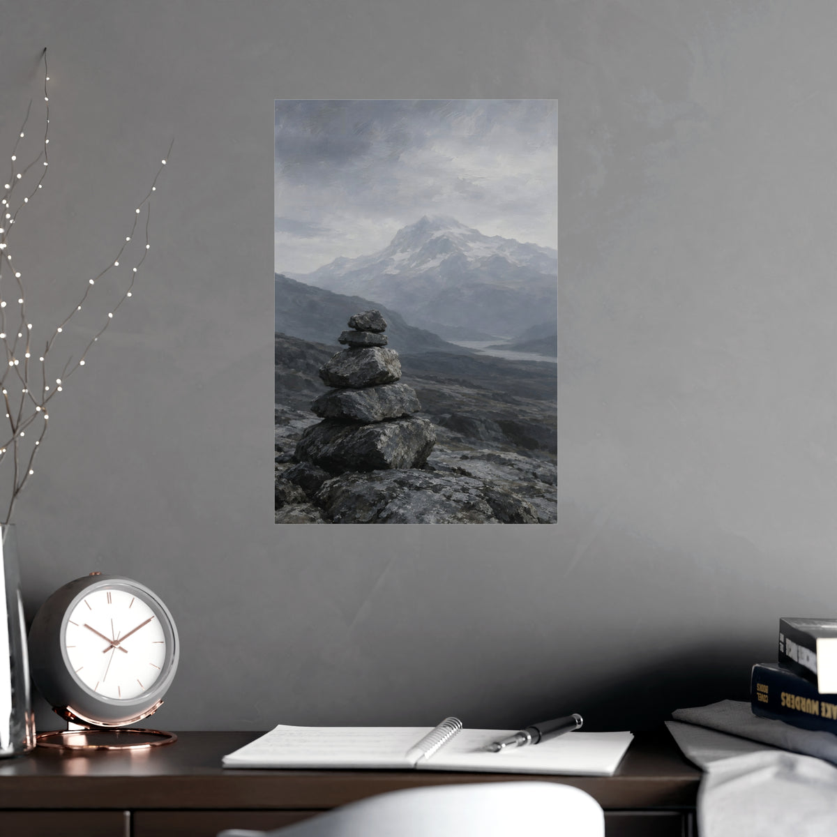 Cairn and Mountain — cairn and mountain, shown framed on a wall