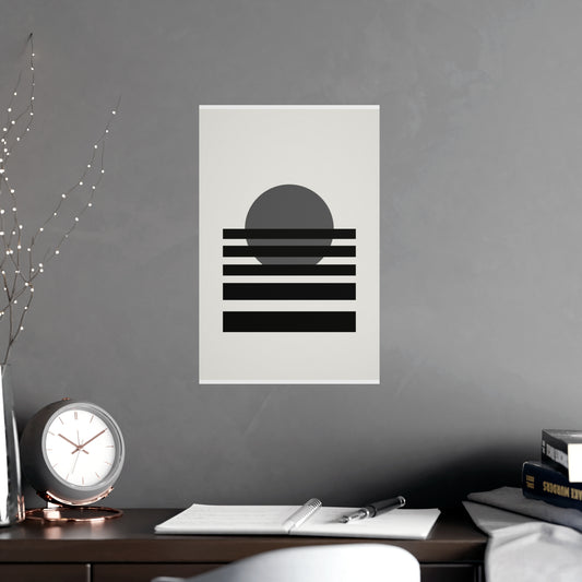 Charcoal Cream Sunset Landscape Wall Art — sunset landscape in a charcoal cream palette, shown framed on a wall