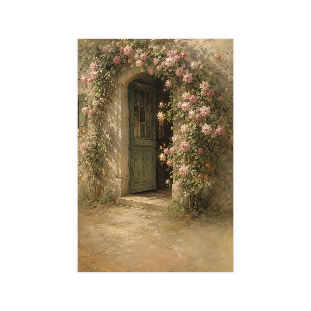 Rose Cottage Door — a stone cottage doorway framed by climbing roses in full bloom, 12x18 in print